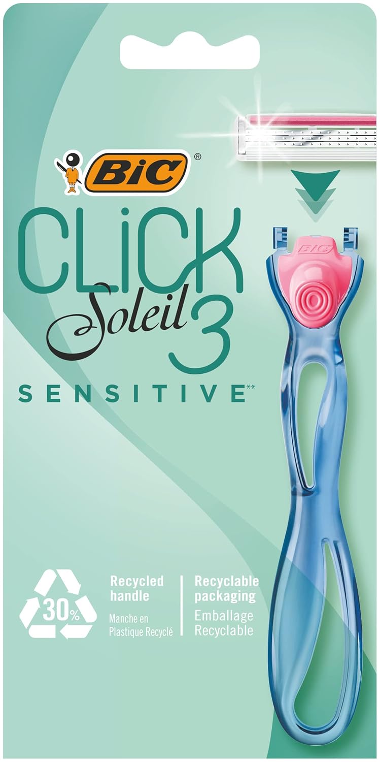 BIC Soleil Click Sensitive 1 Gövde & 2 Başlık Kadın Tıraş Bıçağı (3 Bıçak), Oynar Başlıklı, Aloe Vera ile Zenginleştirilmiş Kayganlaştırıcı Jel Şerit