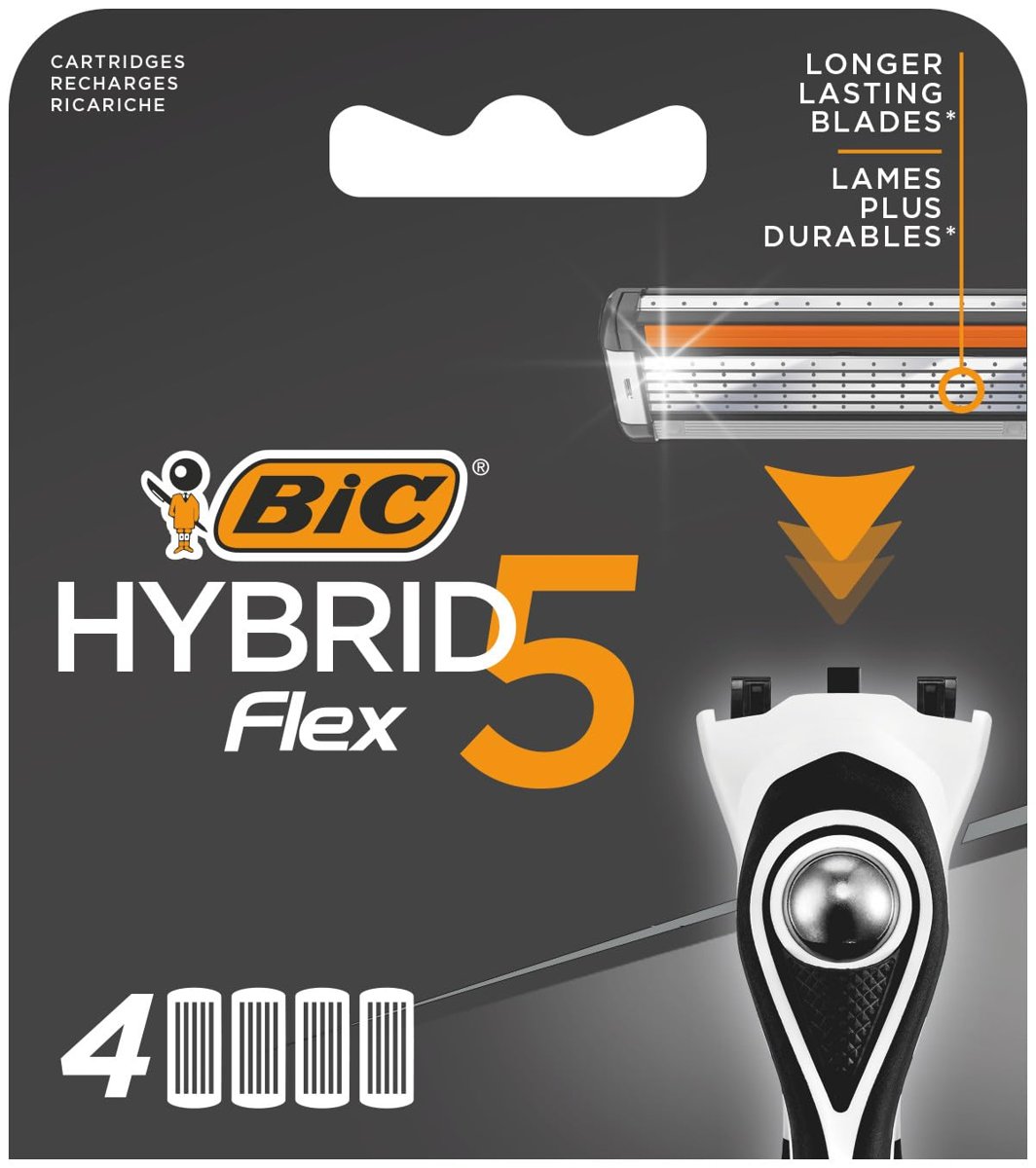 BIC Hybrid 5 Flex 4'lü Yedek Tıraş Bıçağı Kartuşu (5 Bıçak), 5 Nano Teknolojik Titanyum Bıçak, E Vitamini ile Zenginleştirilmiş Geniş Kayganlaştırıcı Bant