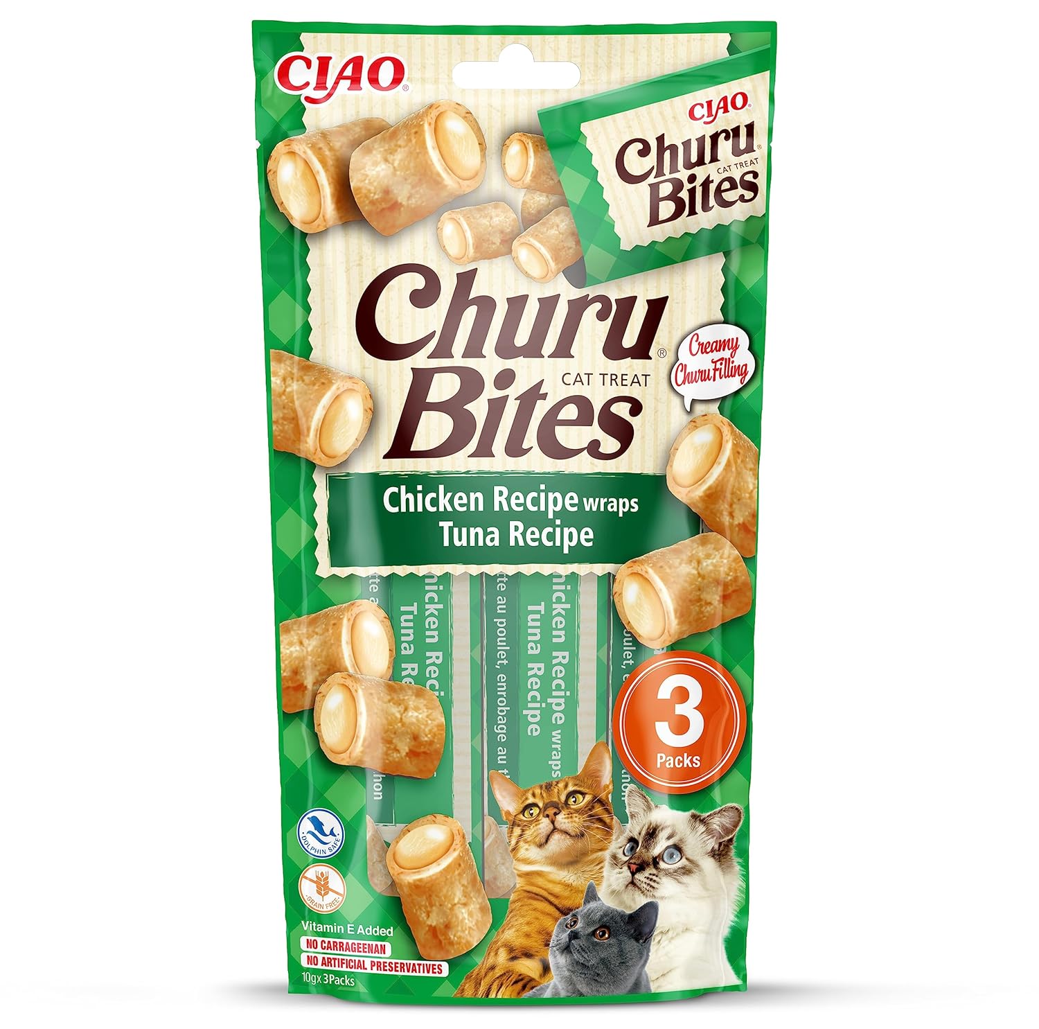 INABA Churu Isırıkları - El Besleme için Kedi Tedavileri - Kremsi Dolgulu Çıtır Torbalar - Ton balığı