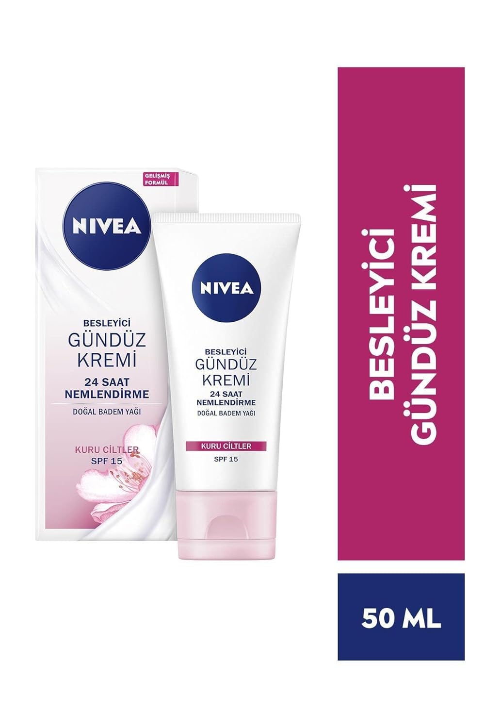 NIVEA Essentials Besleyici Gündüz Yüz Bakım Kremi, 50 ml, Kuru Ciltler, Doğal Badem Yağı, Doğal Manolya Özü ve Shea Yağı ile 24 Saat Yoğun Nemlendirme, SPF15 Güneş Koruması