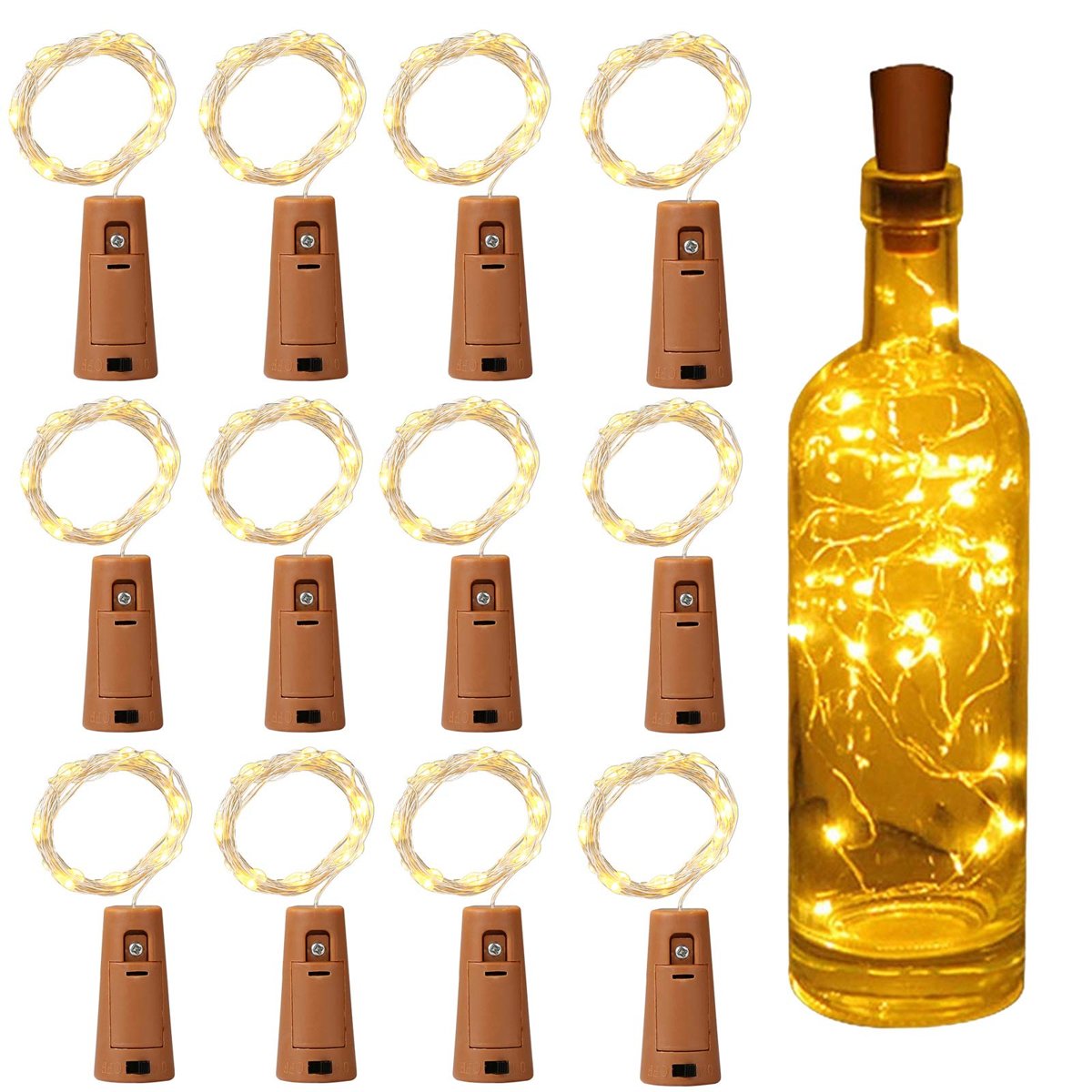 Yizhet Mantar şişe ışık zinciri, 12 x LED şişe ışığı, pilli ışık zinciri, 2 m, 20 LED şişe ışığı, mantar, gümüş telli ışık zinciri, pilli, parti, düğün, Noel için (sıcak beyaz)