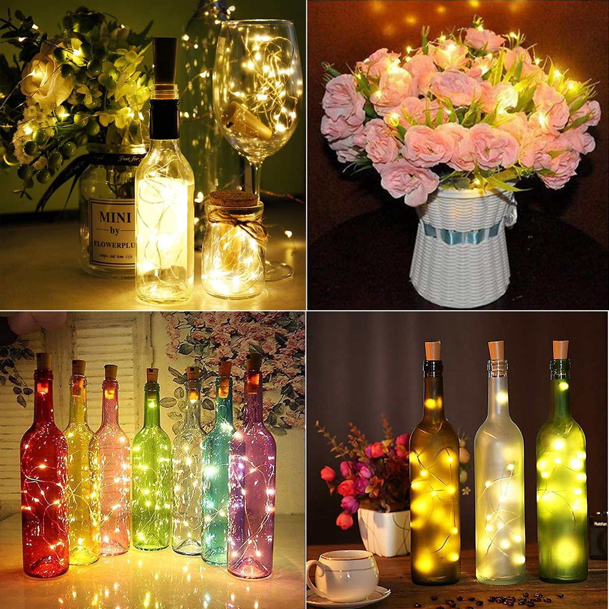 Yizhet Mantar şişe ışık zinciri, 12 x LED şişe ışığı, pilli ışık zinciri, 2 m, 20 LED şişe ışığı, mantar, gümüş telli ışık zinciri, pilli, parti, düğün, Noel için (sıcak beyaz)