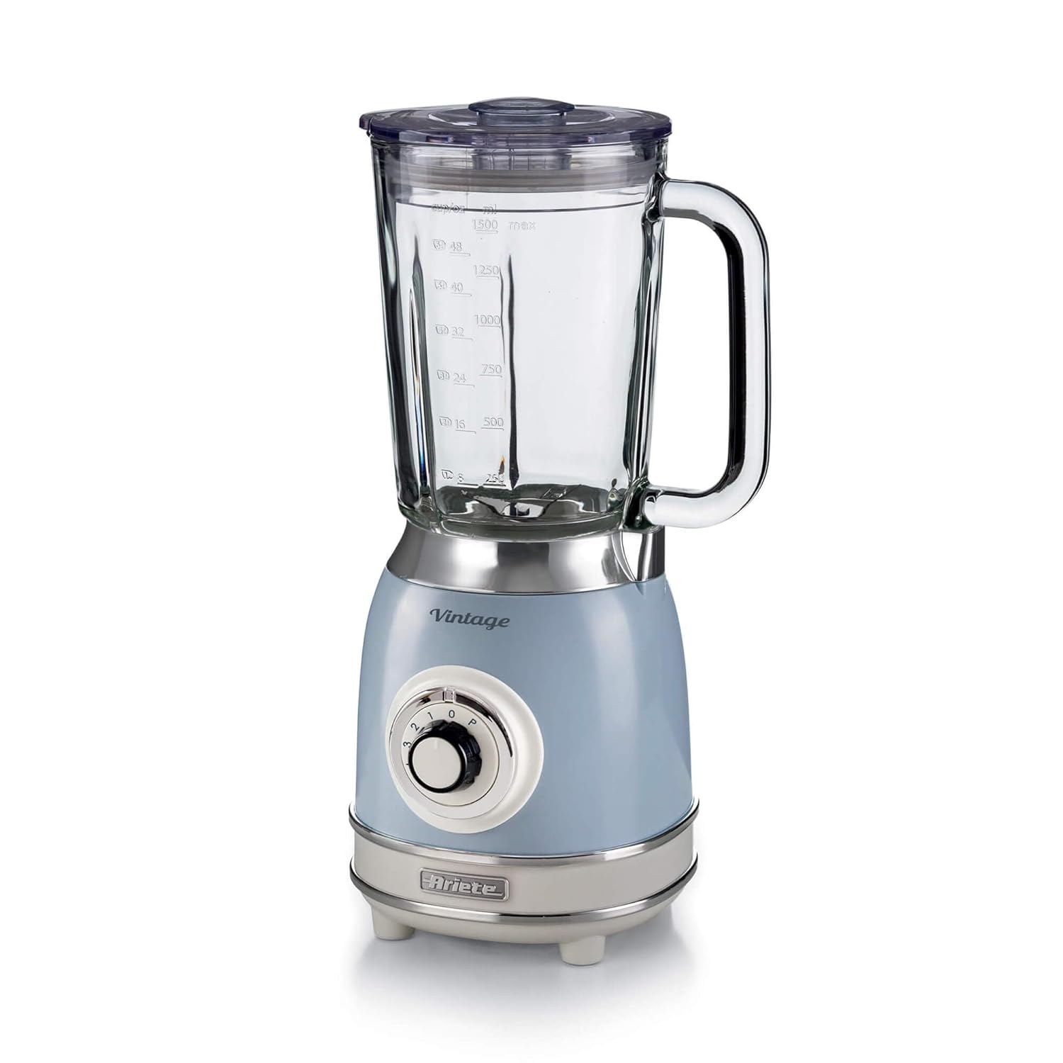 Ariete Vintage Cam Blender Mavi 0583/05-1,5 Litre Kapasiteli Cam Sürahi, 4 Hız Kademesi, Pulse Özelliği ve Buz kırma Fonksiyonu, 4 Paslanmaz Çelik Bıçak ile Güçlü Performans