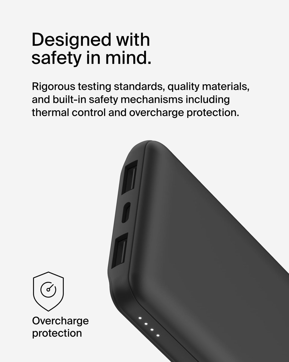Belkin USB-C Taşınabilir Powerbank, 10000 mAh, 1 USB C Bağlantı Noktası ve 15W'a kadar 2 USB A Bağlantı Noktası, iPhone 14 Pro/14 Pro Max/13, AirPods, iPad, Galaxy S21/Ultra Uyumlu - Siyah