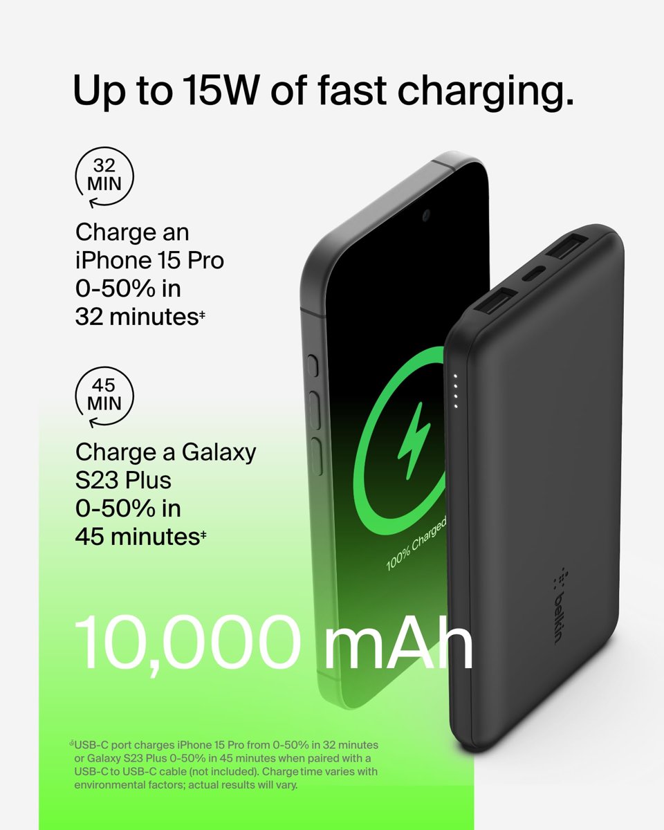 Belkin USB-C Taşınabilir Powerbank, 10000 mAh, 1 USB C Bağlantı Noktası ve 15W'a kadar 2 USB A Bağlantı Noktası, iPhone 14 Pro/14 Pro Max/13, AirPods, iPad, Galaxy S21/Ultra Uyumlu - Siyah