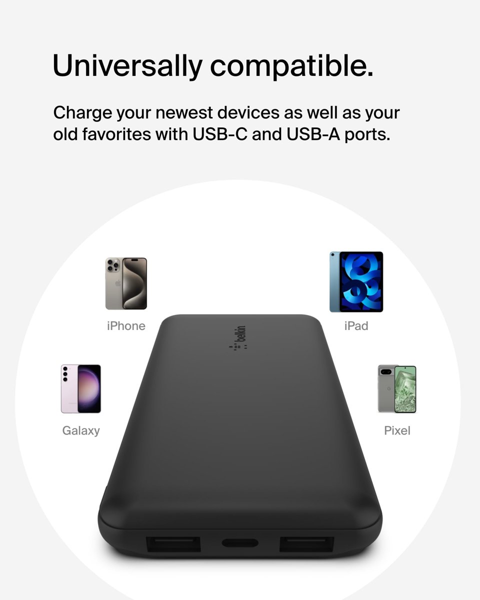 Belkin USB-C Taşınabilir Powerbank, 10000 mAh, 1 USB C Bağlantı Noktası ve 15W'a kadar 2 USB A Bağlantı Noktası, iPhone 14 Pro/14 Pro Max/13, AirPods, iPad, Galaxy S21/Ultra Uyumlu - Siyah
