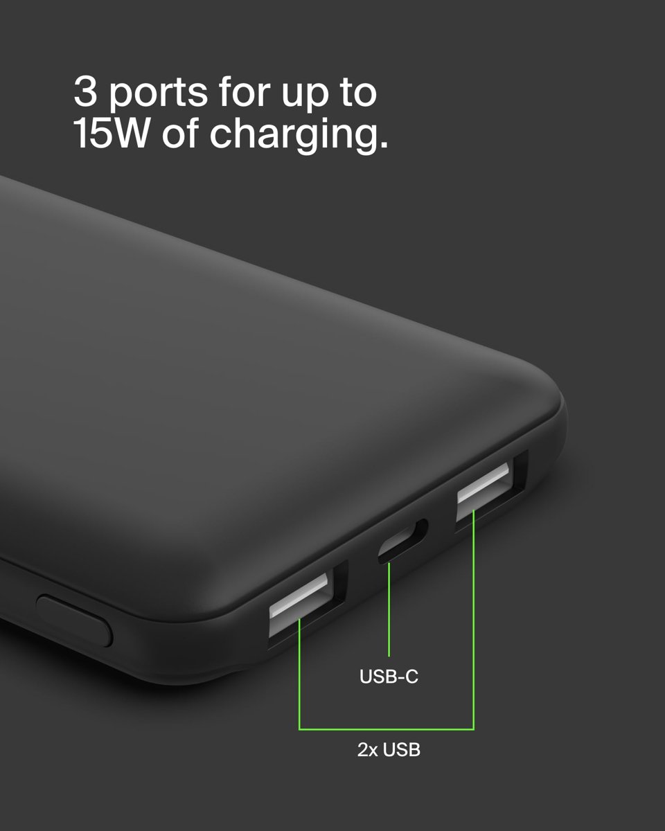 Belkin USB-C Taşınabilir Powerbank, 10000 mAh, 1 USB C Bağlantı Noktası ve 15W'a kadar 2 USB A Bağlantı Noktası, iPhone 14 Pro/14 Pro Max/13, AirPods, iPad, Galaxy S21/Ultra Uyumlu - Siyah