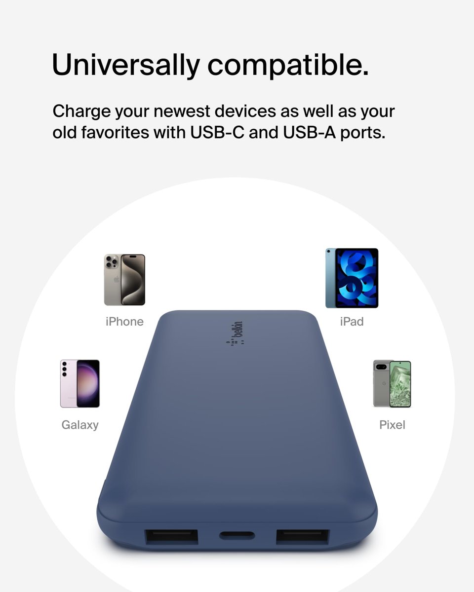 Belkin 10000 mAh Powerbank, 15W USB-C & 12W 2xUSB-A Girişli, Kompakt Dizayn, Kablo Dahil, Mavi