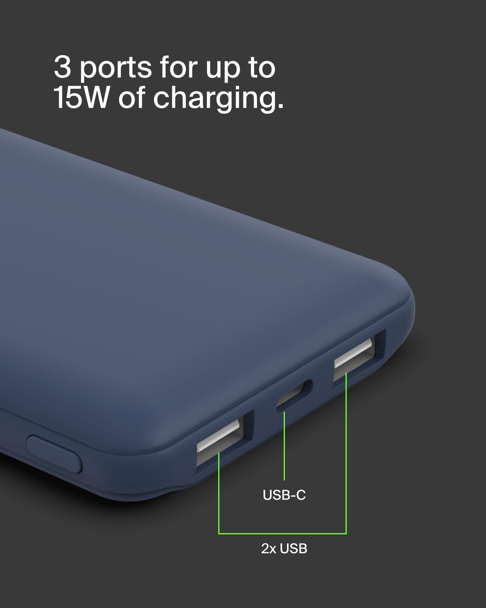 Belkin 10000 mAh Powerbank, 15W USB-C & 12W 2xUSB-A Girişli, Kompakt Dizayn, Kablo Dahil, Mavi