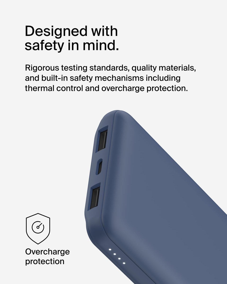 Belkin 10000 mAh Powerbank, 15W USB-C & 12W 2xUSB-A Girişli, Kompakt Dizayn, Kablo Dahil, Mavi