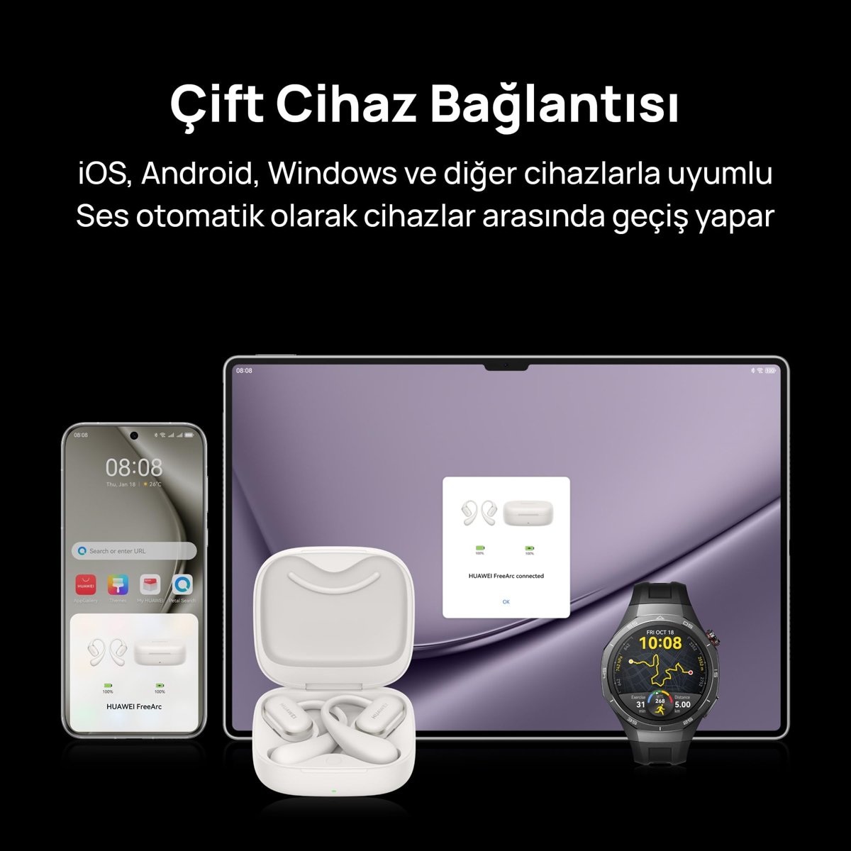 HUAWEI FreeArc Açık Tasarımlı Kulaklık, Yüksek Ses Kaliteli Bluetooth Kulaklık, Güvenli Uyum ve Konfor, IP57 Suya Dayanıklılık, 28 Saat Çalma Süresi, Sporcu Kulaklıkları, iOS&Android&Windows, Siyah
