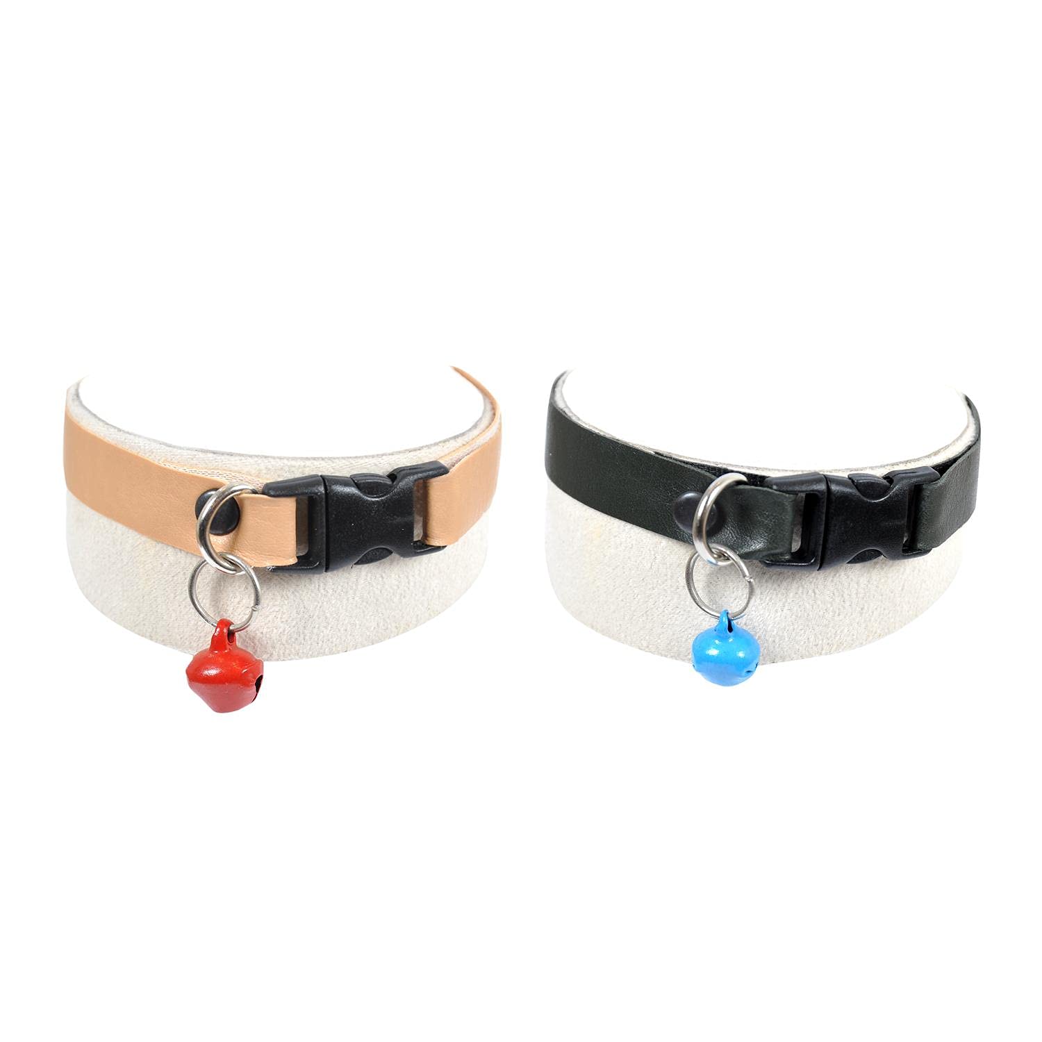 X-Perk Suni Deri Zilli Kedi Köpek Tasması 2'li Set Siyah Krem Renk