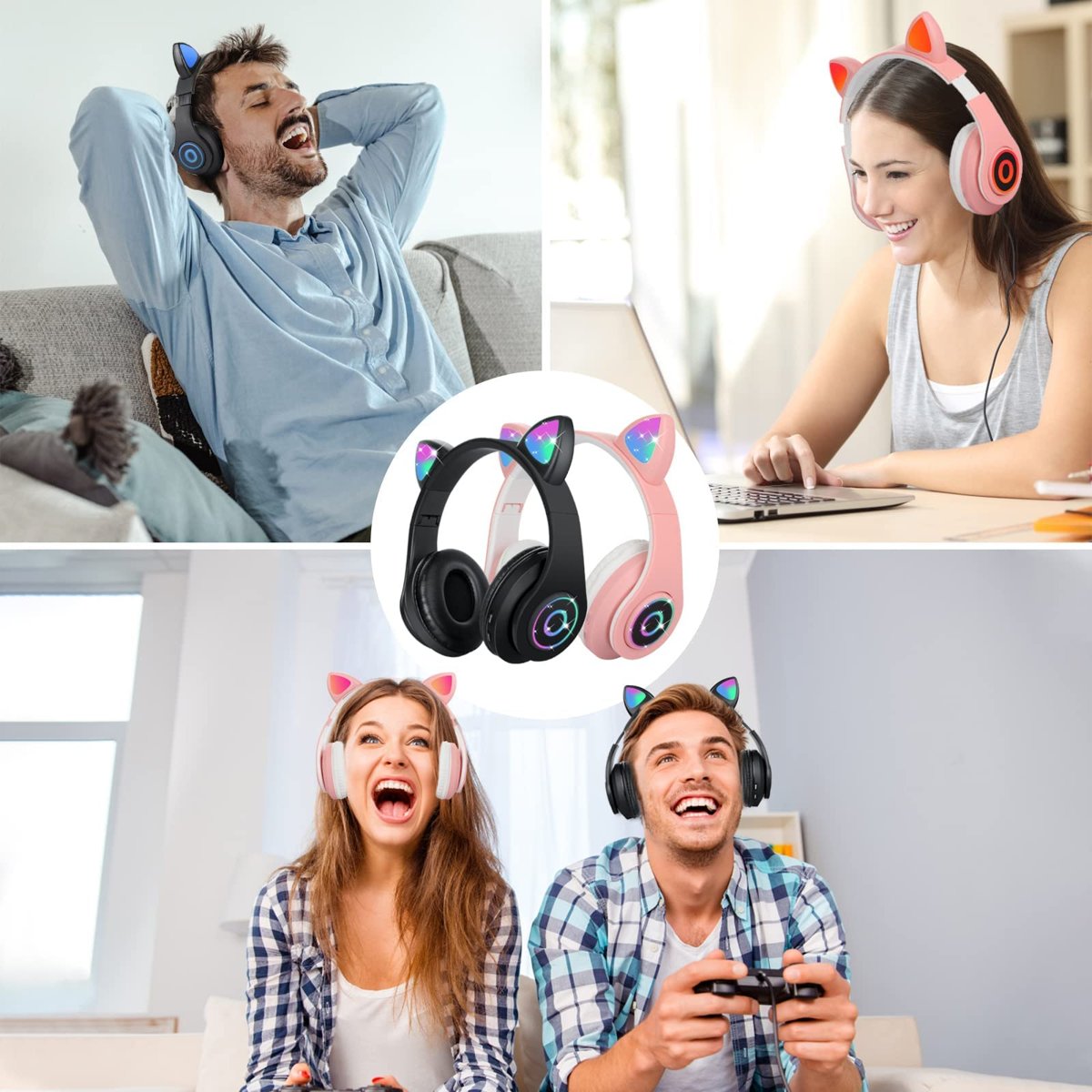 Sendowtek Çocuk Kulaklığı, Bluetooth Çocuk Kulaklığı Kulak Üstü Sevimli Kedi ile Kulak Işıması Iç Mikrofon, Katlanabilir Kablosuz Kulaklık Ergenler ve Yetişkinler için Okul/Tablet/PC/Telefon