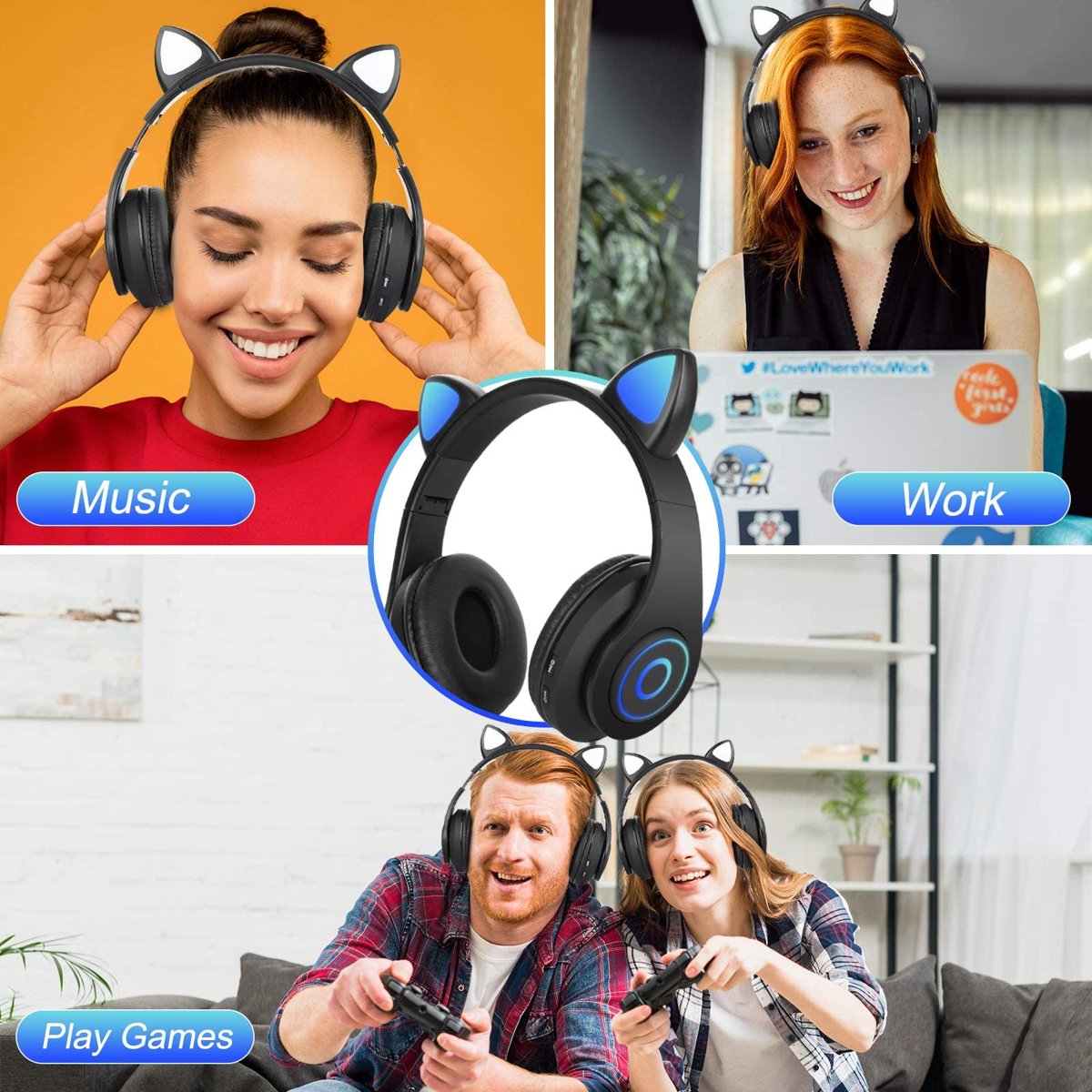 Sendowtek Çocuk Kulaklığı, Bluetooth Çocuk Kulaklığı Kulak Üstü Sevimli Kedi ile Kulak Işıması Iç Mikrofon, Katlanabilir Kablosuz Kulaklık Ergenler ve Yetişkinler için Okul/Tablet/PC/Telefon