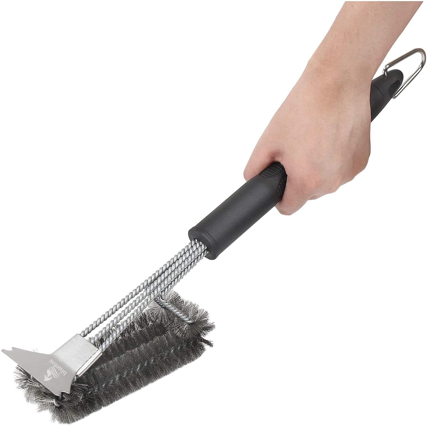 Bluefox Paslanmaz Çelik Izgara Mangal Temizleme Fırçası | Kazıyıcılı, 360º Kapsamlı, 3 Başlı, Ergonomik Tutacaklı Barbekü Fırçası