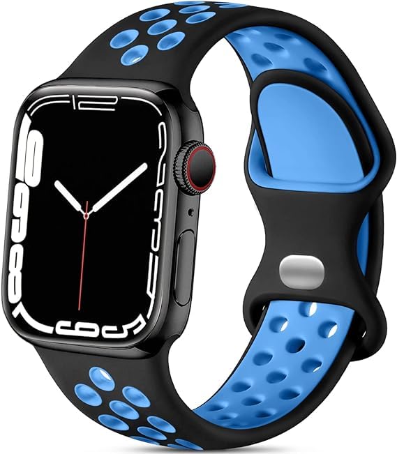Minesk Apple Watch Seri 1/2/3/4/5/6/7/se/8/ultra İle Uyumlu Delikli Silikon Kordon Kayış 42-44-45-49 mm (Siyah - Mavi)