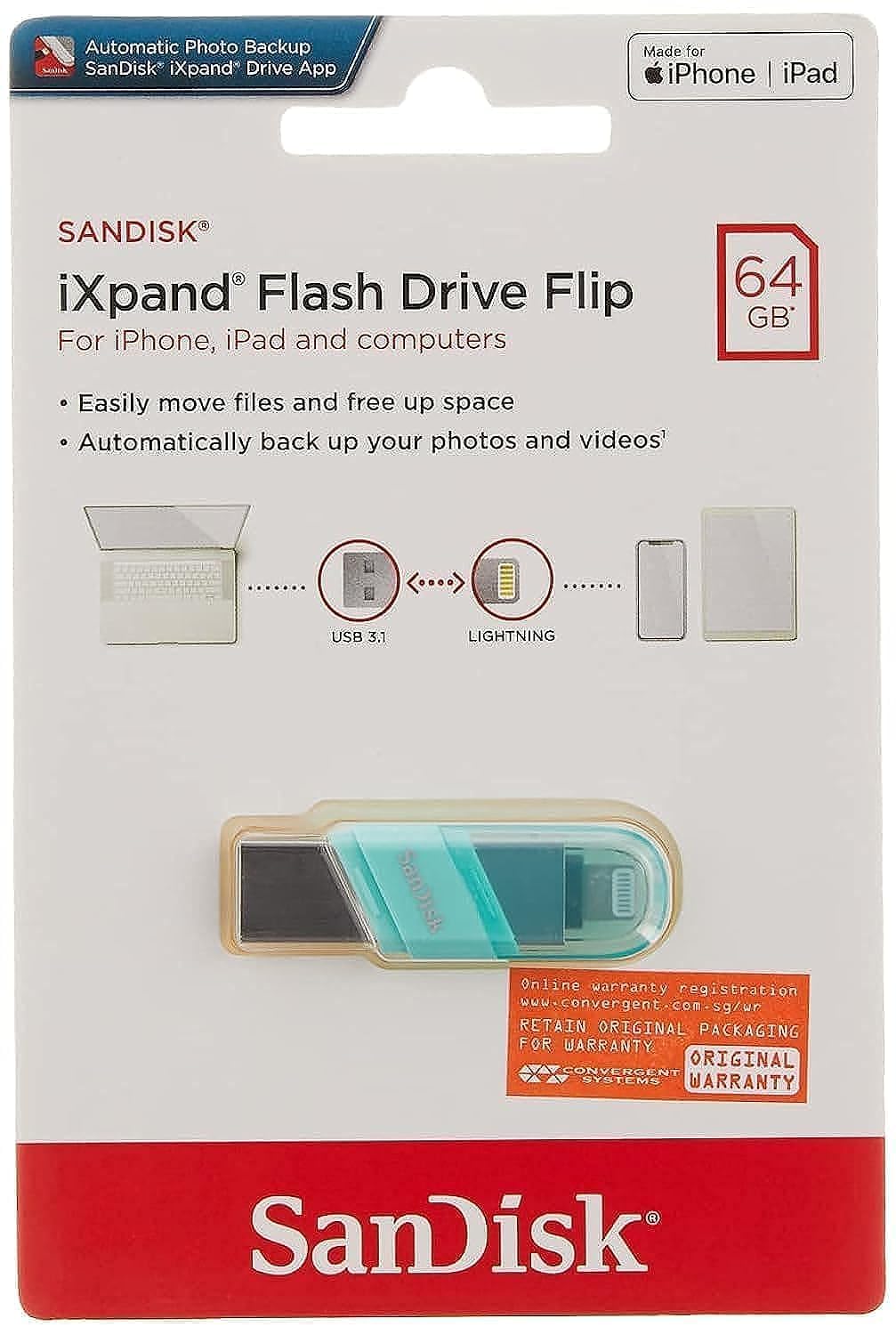SanDisk iXpand Flash Drive Flip 64GB, Mint Color