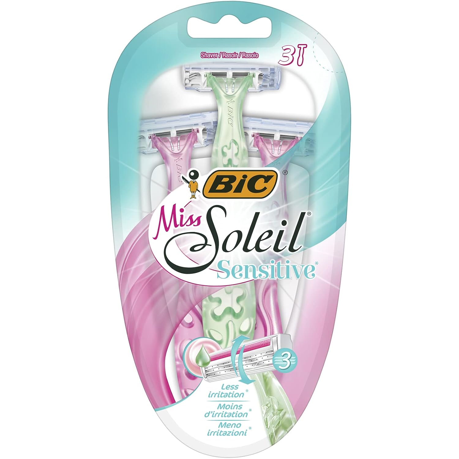 BIC Miss Soleil Sensitive Kadın Tıraş Bıçağı 3'lü Blister (3 Bıçak), Oynar Başlık, Aloe Vera ile Zenginleştirilmiş Kayganlaştırıcı Jel Şerit