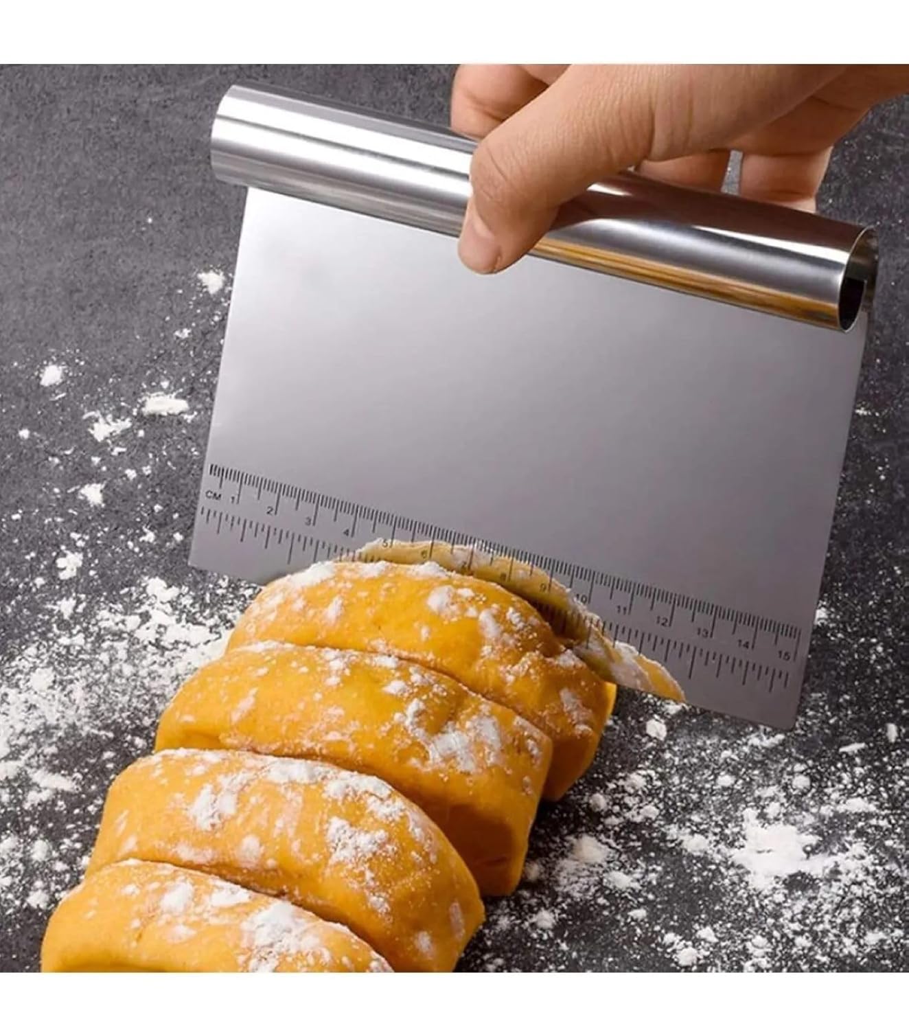 Busstier Paslanmaz Çelik Hamur Kesme ve Kazıyıcı Spatula Ölçü Çizgili Pasta Kek Kesici Aparat