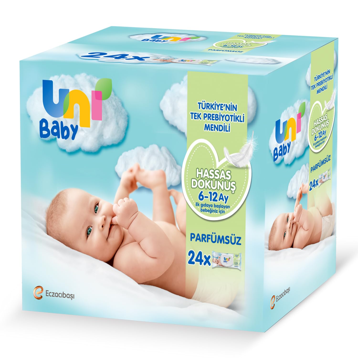 Uni Baby Hassas Dokunuş Islak Mendil, 24 x 52 Yaprak, 6 - 12 Ay
