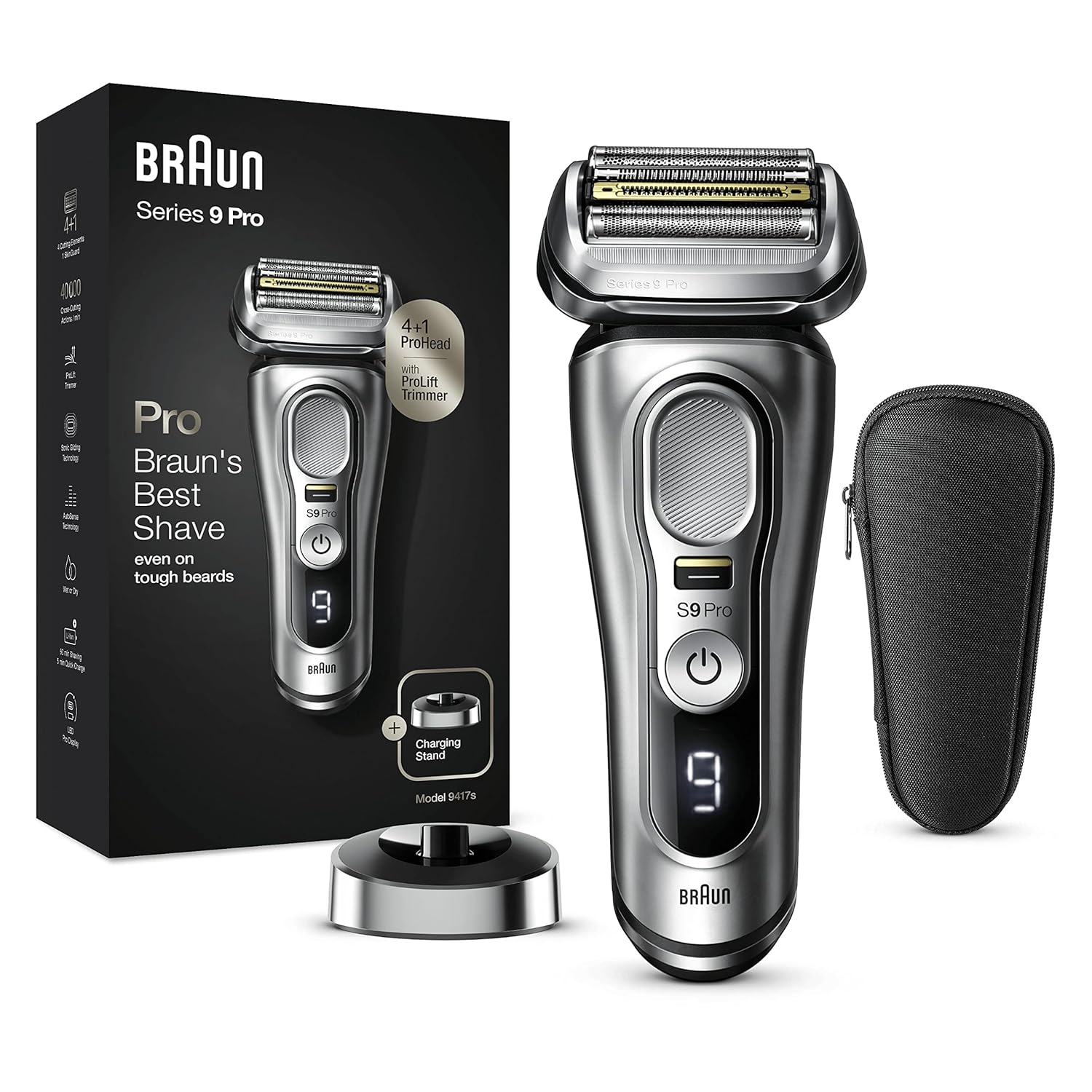 Braun Series 9 Pro Premium erkek tıraş makinesi, 4+1 tıraş başlığı, elektrikli tıraş makinesi ve ProLift düzeltici, şarj istasyonu, 60 dakika pil ömrü,ıslak ve kuru, 9417s, gümüş