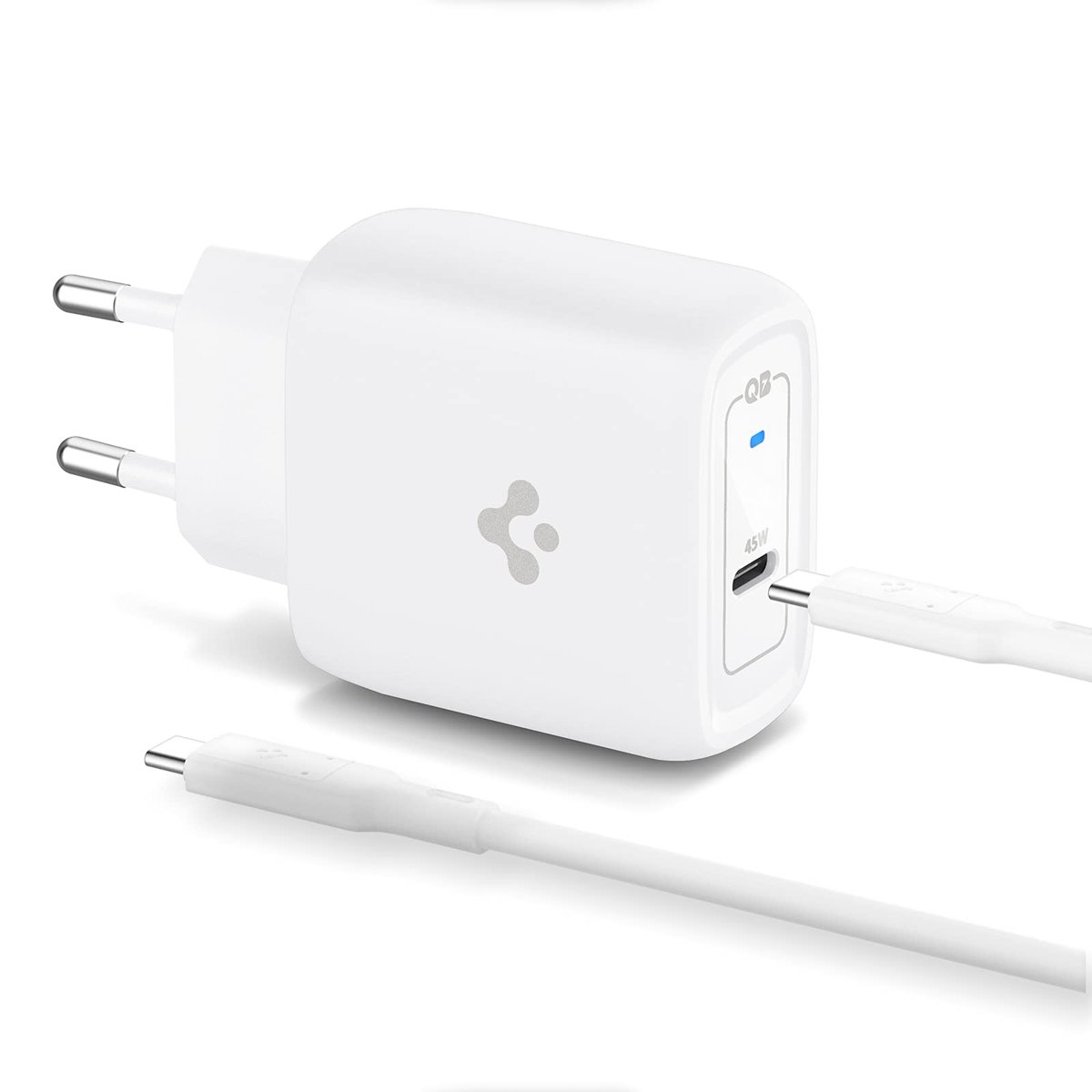 Spigen 45W USB-C Hızlı Şarj Aleti + Örgü Şarj Kablo PPS 2.0 Desteği / Isı Düşürücü GaN Pro Akım Korumalı Güç Adaptörü Super Hızlı Şarj iPhone & Android & iPad & MacBook Type-C - ACH02589