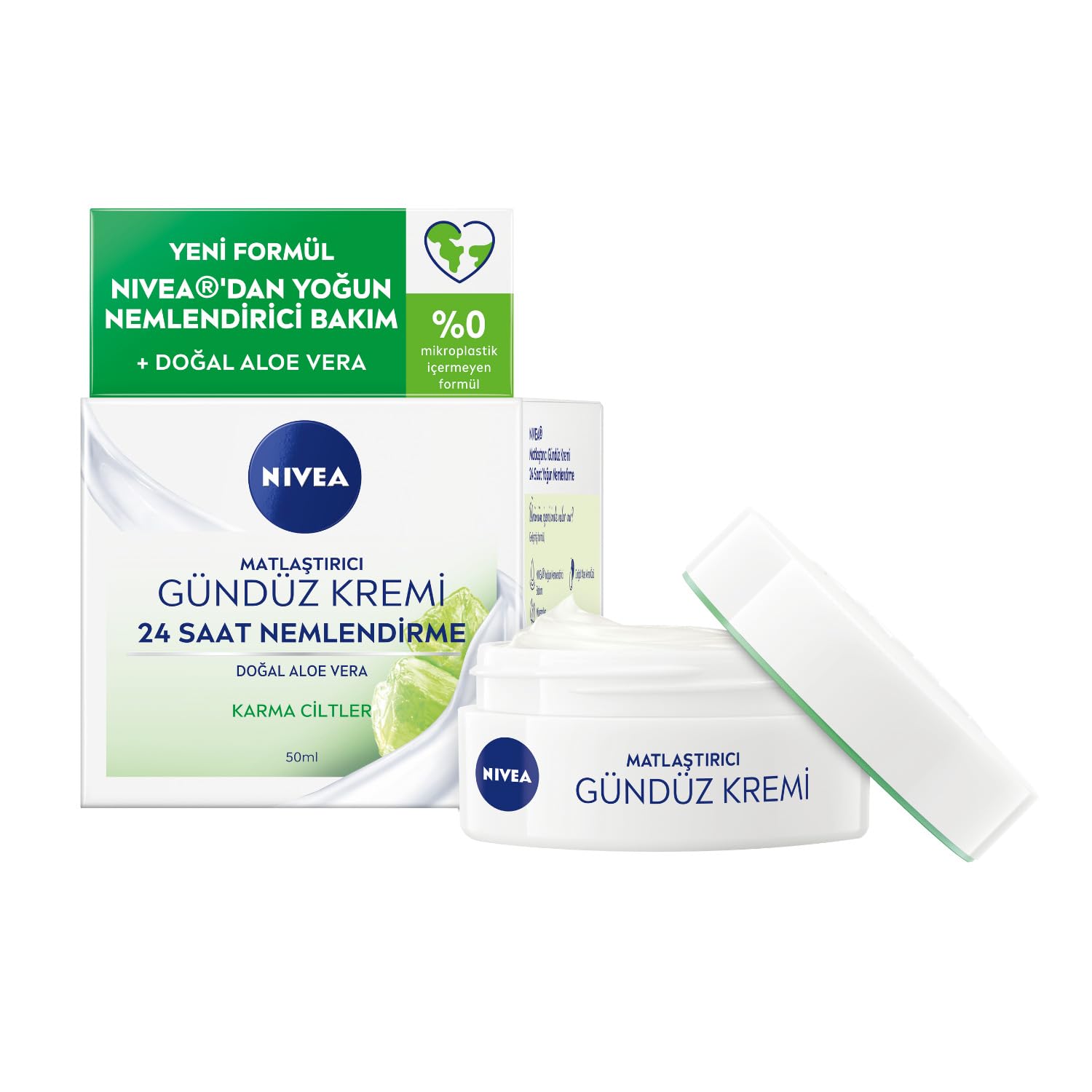 NIVEA Matlaştırıcı Gündüz Yüz Bakım Kremi 50 ml, 24 Saat Yoğun Nemlendirici, SPF15, Aloe Vera, Karma Ciltler