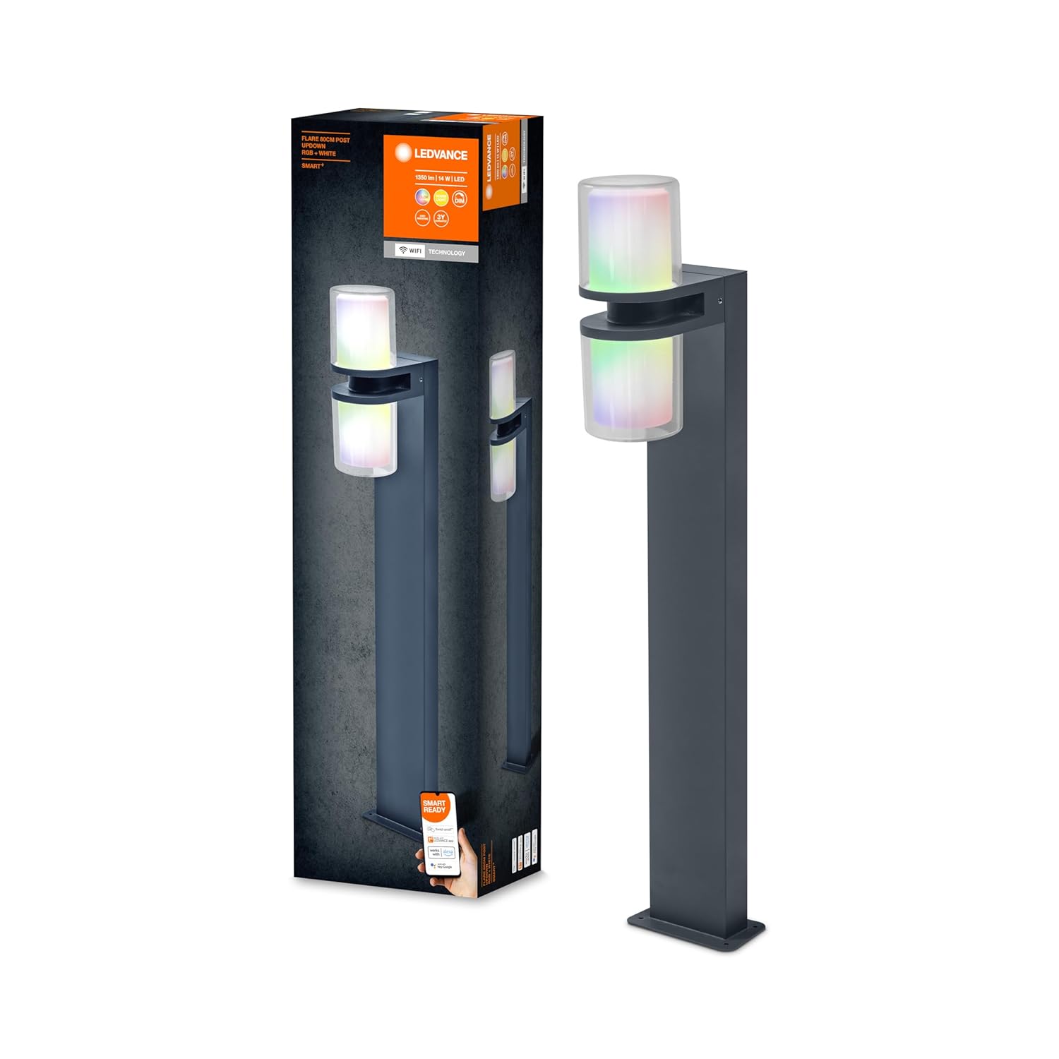 Ledvance Smart + WI-FI UPDOWN FLARE 80 cm - Kısılabilir LED Ayaklı Lamba Koyu Gri Dış Mekan için Dayanıklı Alüminyumdan, RGB Renk Kontrolü, 14 W, 3000 Kelvin Sıcak Beyaz, 1000 Lümen, IP44