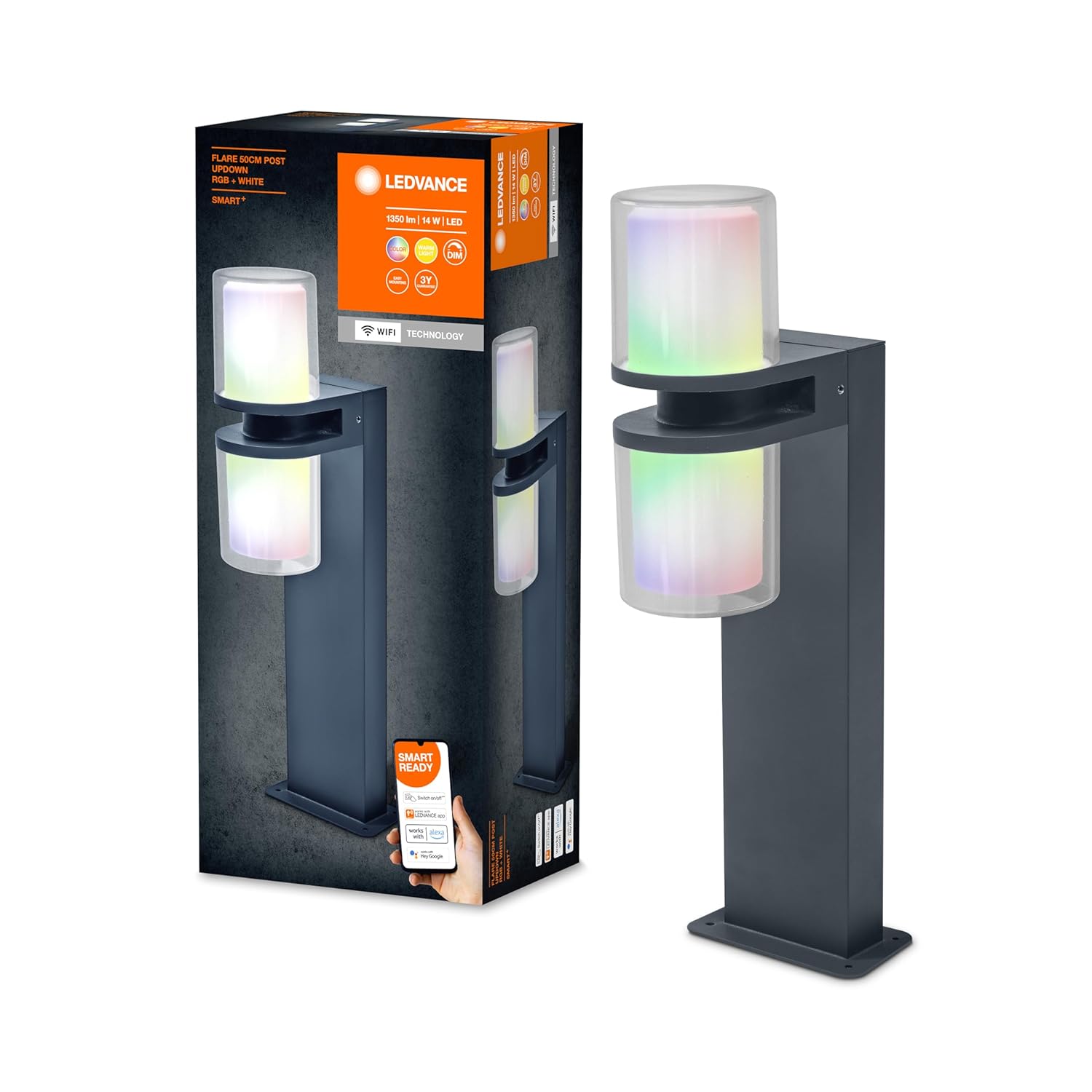 LEDVANCE Smart + WI-FI UPDOWN FLARE 50 cm - Kısılabilir LED Ayaklı Lamba, Koyu Gri, Dış Mekan için, Dayanıklı Alüminyum, RGB Renk Kontrolü, 14 W, 3000 Kelvin Sıcak Beyaz, 1000 Lümen, IP44