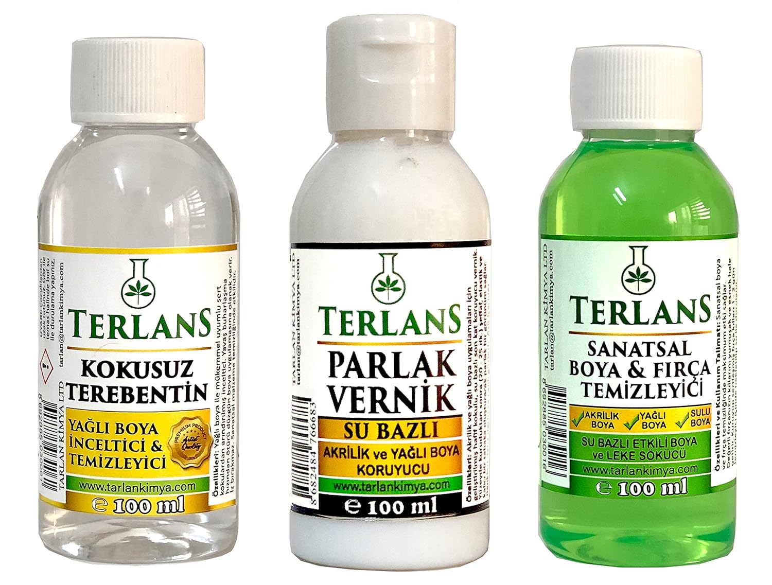 Terlans Yağlı Boya Seti Yardımcı Malzemeler 3x100 ml Terebentin - Vernik - Boya Temizleyici