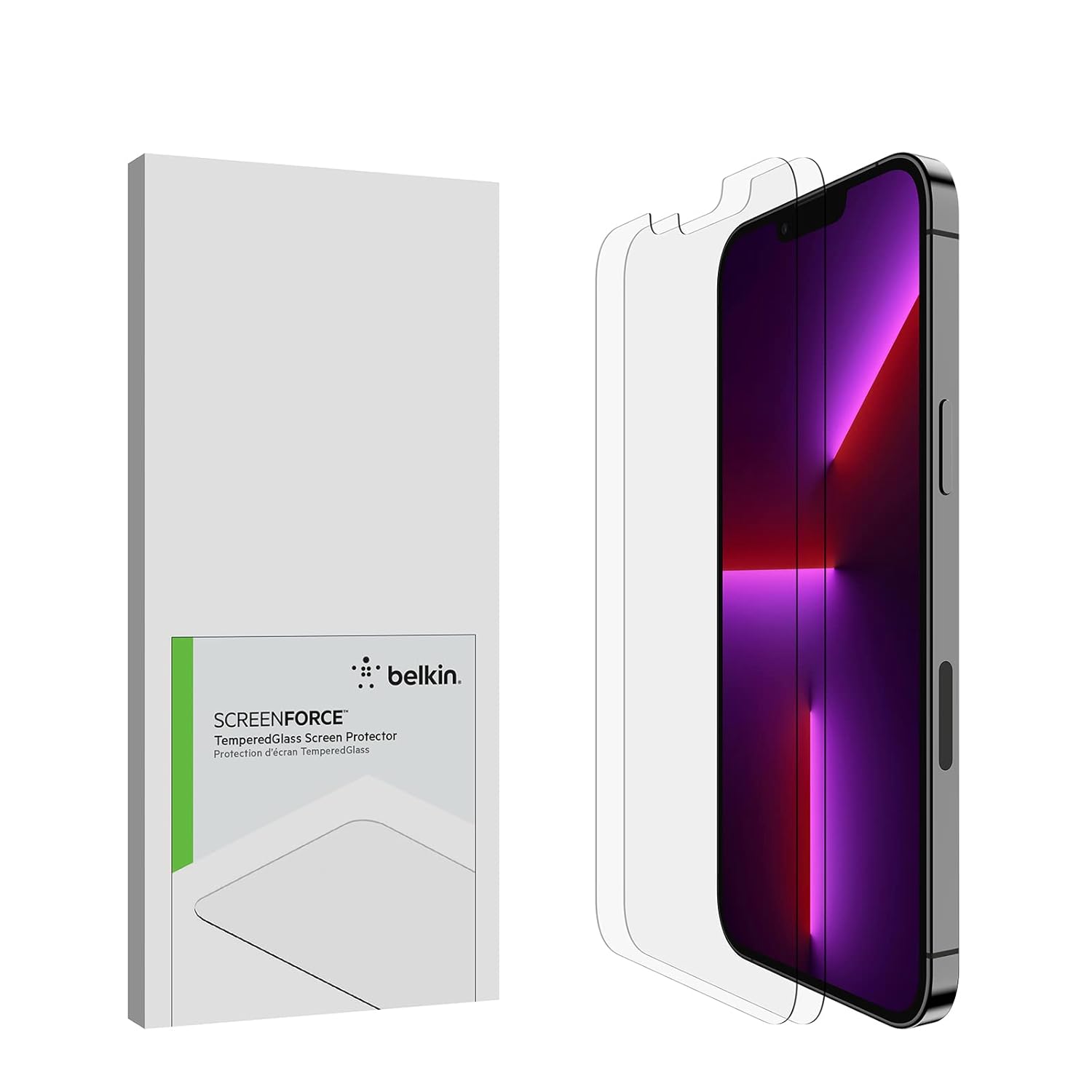 Belkin iPhone 14 Plus, iPhone 13 Pro Max 2'li Paket Ekran Koruyucu TemperedGlass, Dahil Edilen Kılavuz Çıkartmalarıyla Kolay Uygulama Kabarcıksız