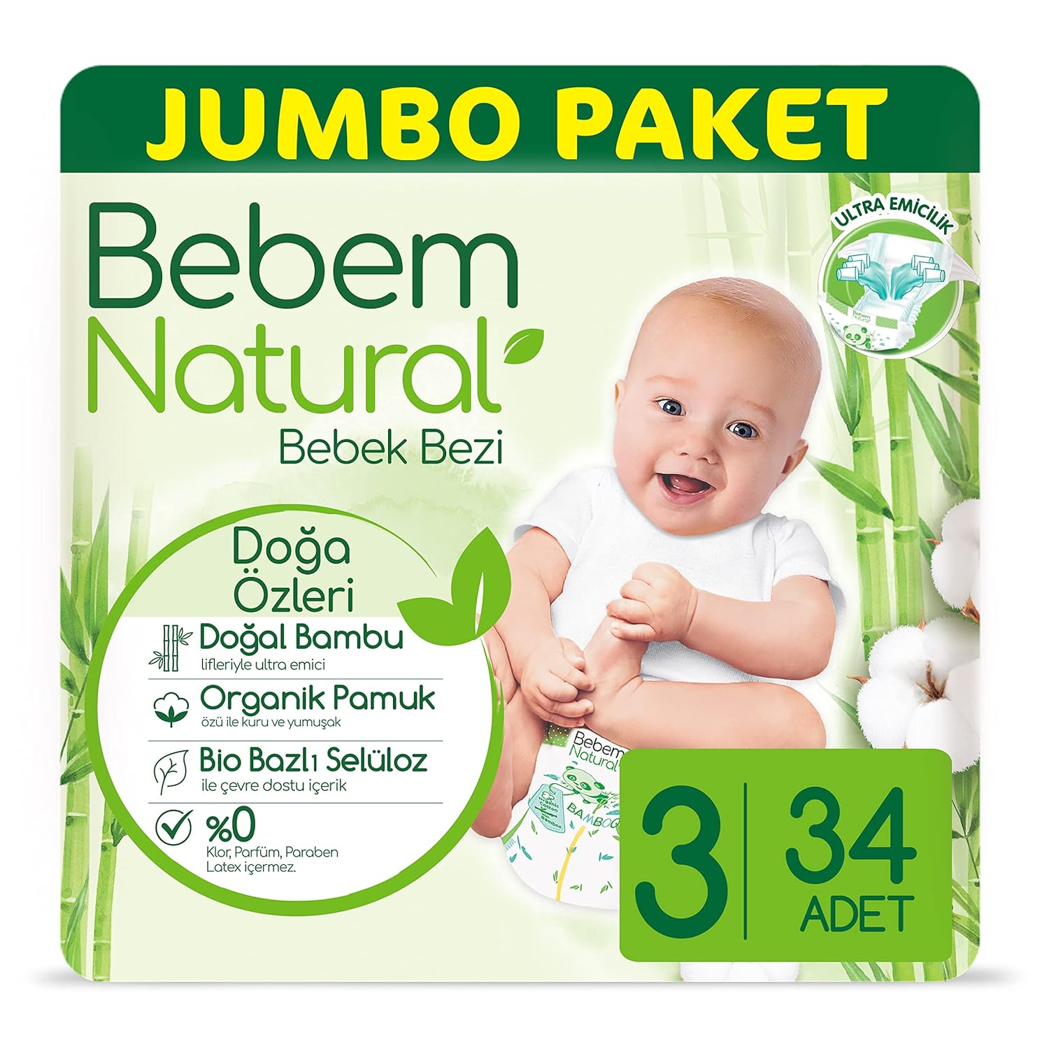 Bebem Natural Bebek Bezi 3 Beden Midi 34 Adet
