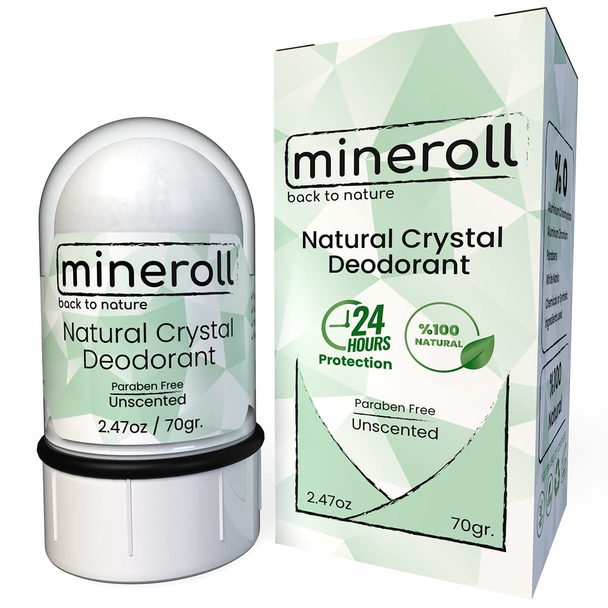 Mineroll Doğal Kristal Deodorant - Vegan, Kokusuz, 24 Saat Koruma, Kadın ve Erkeler İçin - Alum Taş, Mineral Tuz, Roll-on, 70 gr