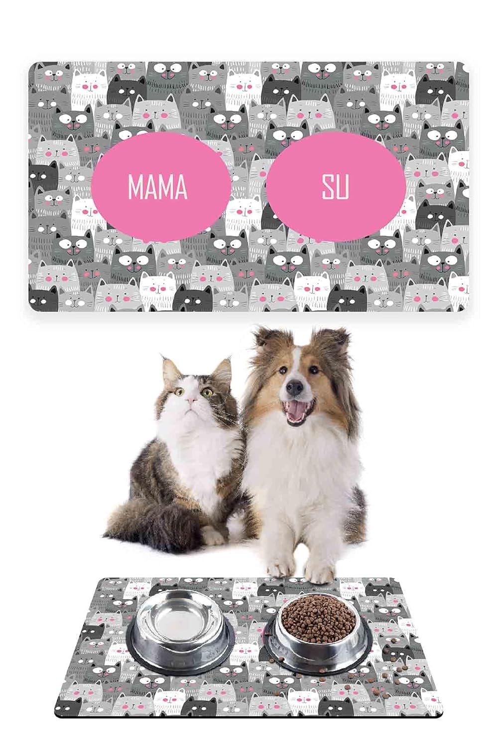 Monnhein Gri Renkli Kediler, Kedi Köpek Mama ve Su Altlığı, Mama Paspası, Kedi Köpek Mama Eğitim Paspası 50x35cm
