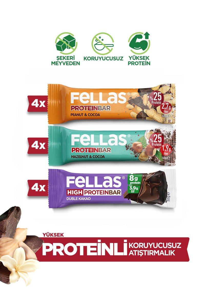 Fellas Protein Bar, Karma Kutu (3 Çeşit), 32gr x 12 Adet
