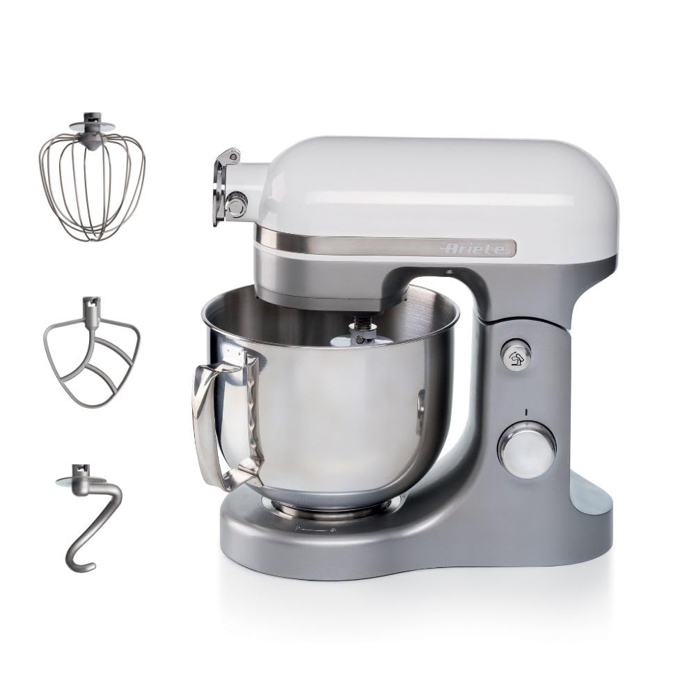 Ariete Moderna Mutfak Şefi Beyaz Gri 1589/01 - Döküm Gövde, Planet Mikser Yoğurma Makinesi, 1600 Watt, 11 hız, 5,5 Lt Paslanmaz Çelik Hazne, Sıçrama Önleyici Kapak, 3 Hazne Aparat