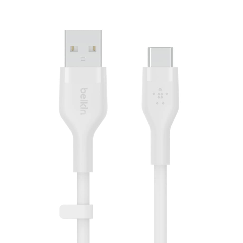 Belkin BoostCharge Flex Silicone USB-C - USB-A Kablosu (2 m), iPad Pro, Galaxy S21, Ultra, Plus, Note 20, Pixel ve Diğer Aygıtlar için USB-IF Onaylı USB-C Şarj Kablosu - Beyaz