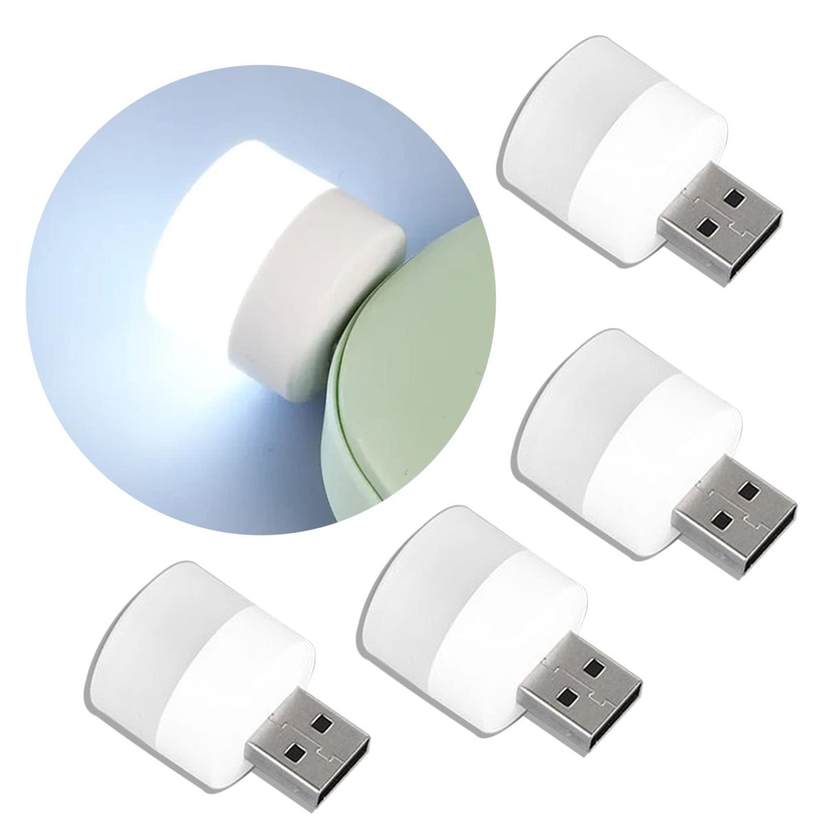Linwnil Gece USB Işıkları, Mini LED Ampul, Takılabilir, Sıcak Beyaz, Kompakt, Yatak Odası, Banyo, Çocuk Odası, Koridor, Mutfak Araba için USB Atmosfer Işığı (4 Beyaz Işık)