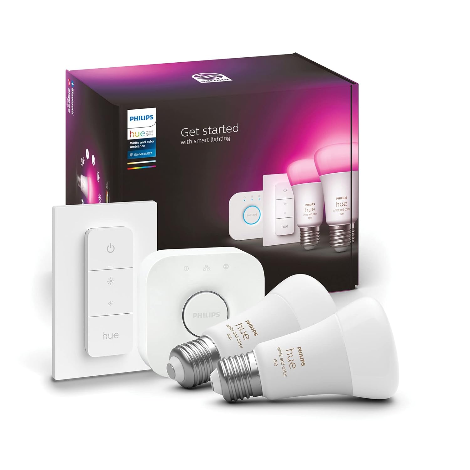 Philips Hue Akıllı Aydınlatma Led Ampul Başlangıç Kiti, 2'li E27 Ampul , Köprü ve Dimmer Set, Beyaz ve Renkli