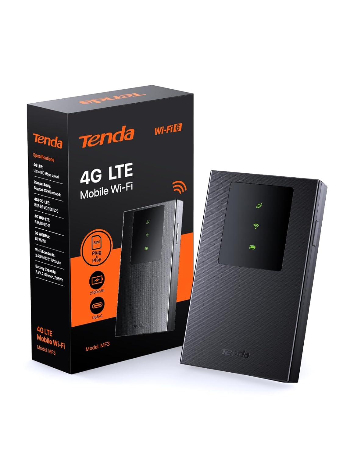 Tenda MF3 WiFi sabun, SIM 4G LTE Cat4, kablosuz WiFi 6 AX300 taşınabilir, şarj edilebilir pil, USB-C bağlantı noktası, WPA3, SIM'li WiFi Hotspot, yapılandırmasız, tak ve çalıştır