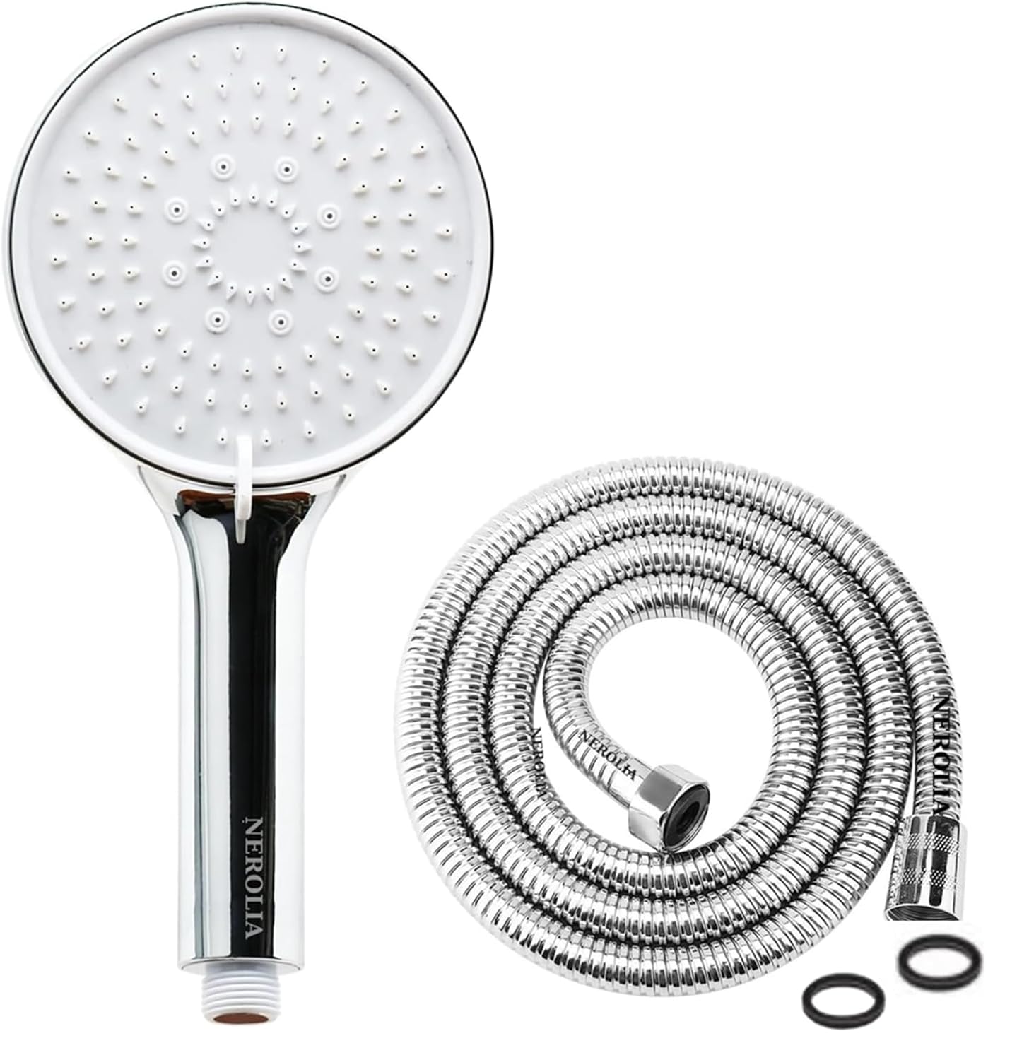NEROLIA Rainy Lüks Duş Seti - 5 farklı Püskürtmeli Duş başlığı + 180 cm Çift Kenetli Ekstra Uzun Paslanmaz Çelik Duş Hortumu Spirali (Kıvrışma Önleyici Sistem)