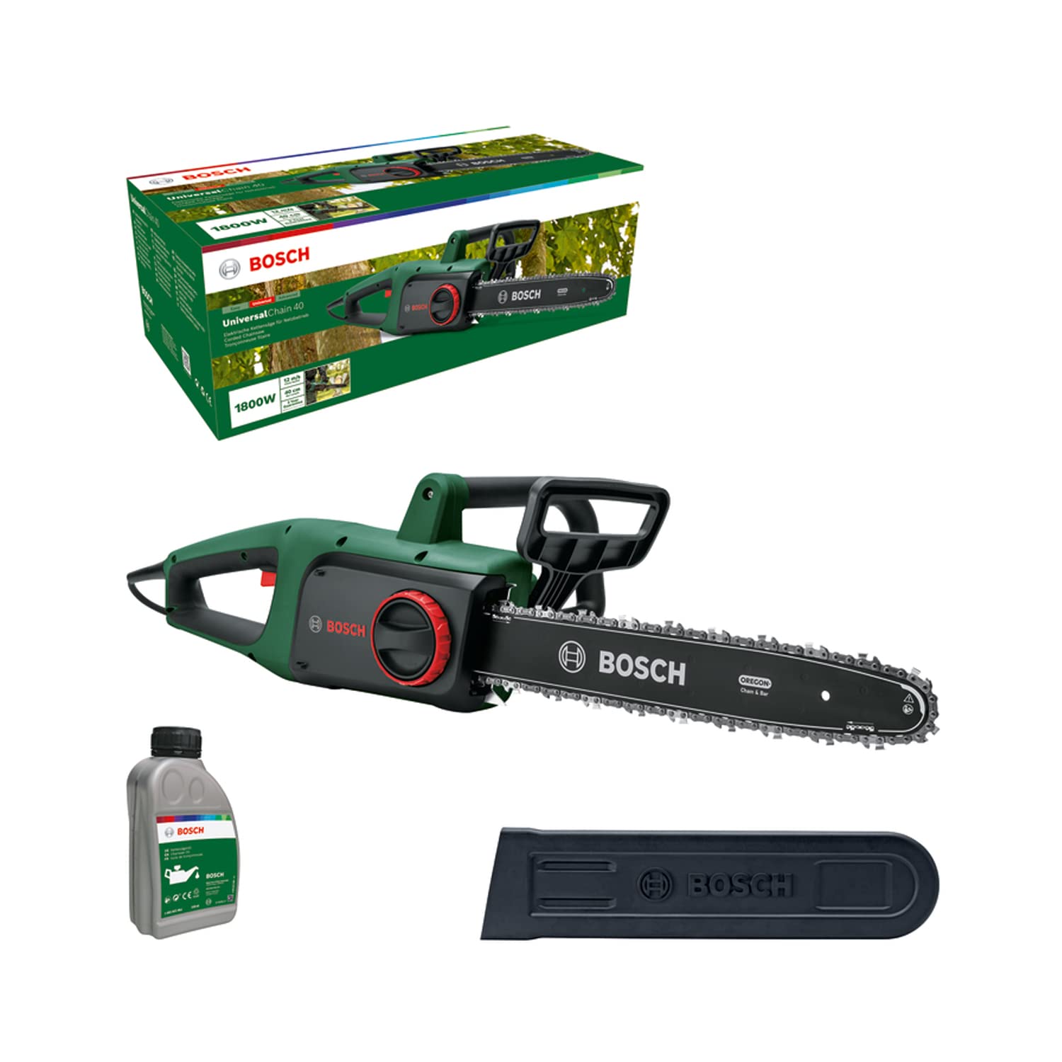 Bosch Home and Garden Zincirli ağaç kesme makinesi UniversalChain 40 (1800 W, hafif: 4,3 kg, zincir hızı: 12 m/sn, zincirli ağaç kesme makinesi yağı dahil, karton ambalajda)