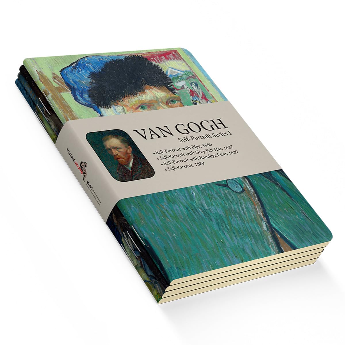 Retronote Self-Portrait Series I - A6, Van Gogh 4'lü Defter Seti IV, Çizgisiz, Toplam 192 Sayfa, Her biri 48 Sayfa, Tel Dikiş, Esnek Kapak, Oval Kenar, Tuval Doku, 60 gram, Sarı Krem Renk