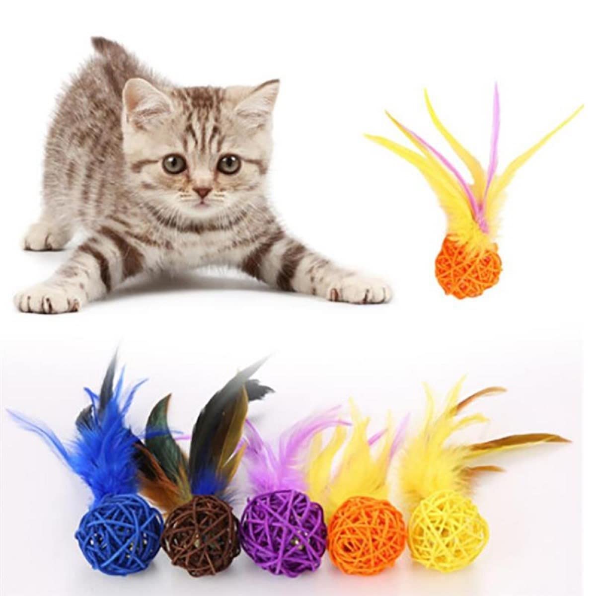 Buffer® 2li Rattan Renkli Peluş Tüy Kedi Köpek Oyuncak Yakalama Çiğneme Çıngıraklı Top Oyuncağı