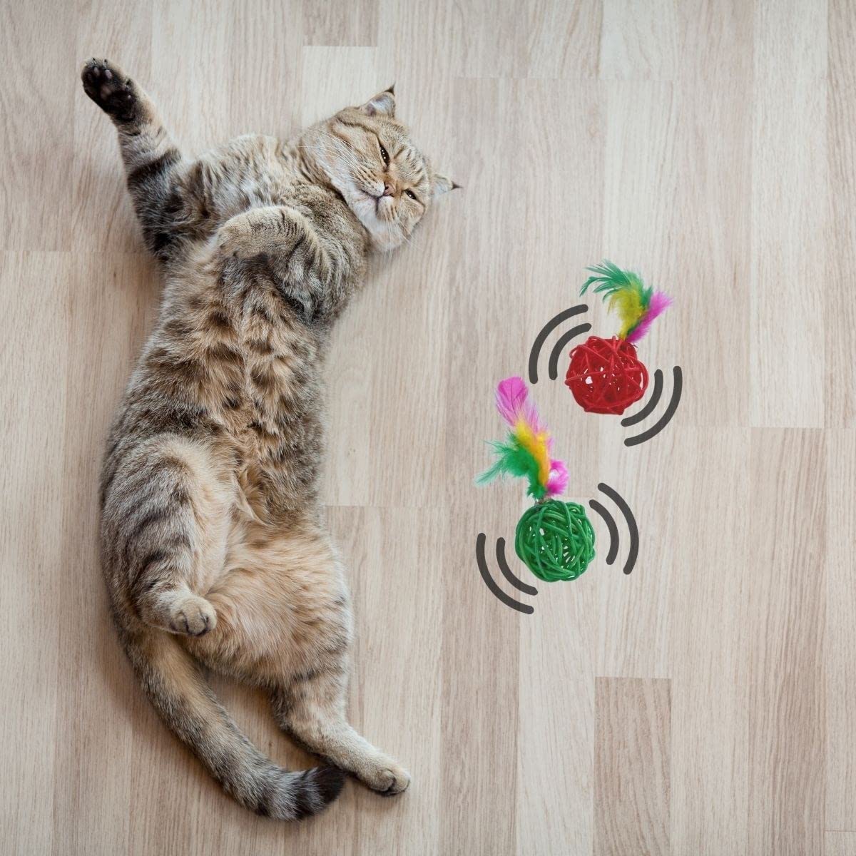 Buffer® 2li Rattan Renkli Peluş Tüy Kedi Köpek Oyuncak Yakalama Çiğneme Çıngıraklı Top Oyuncağı