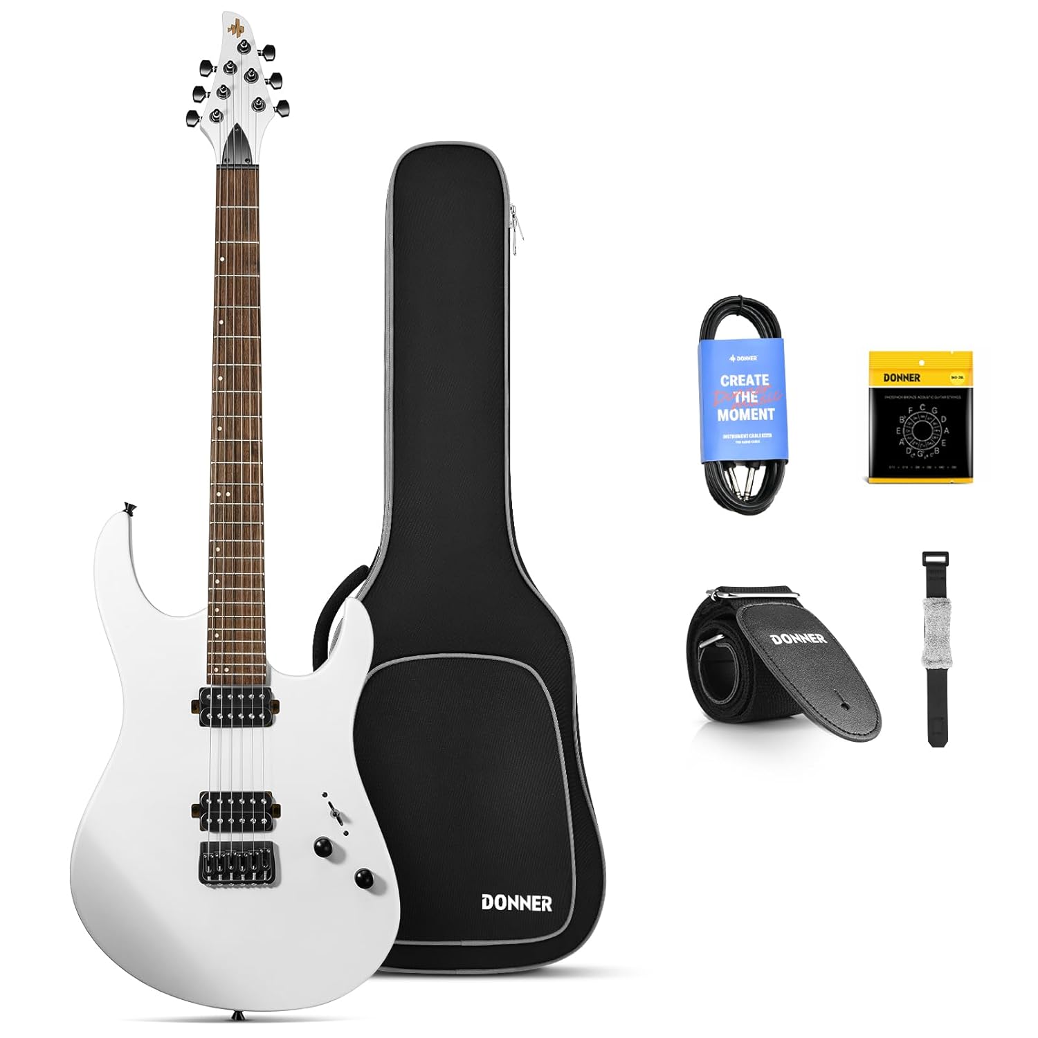 Donner Katı Gövde Elektro Gitar, DMT-100 39 İnç Metal Elektro Gitar, H-H Manyetikli İnşaat Kiti, Çanta, Teller, Askı, Kablo, Rock Müzik Severler için Tel Amortisör (Beyaz)