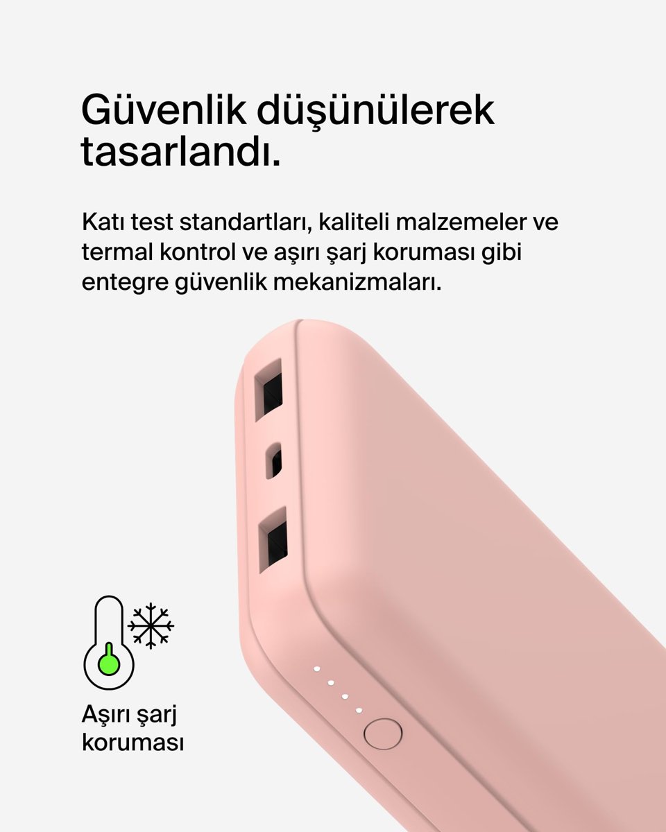 Belkin USB C Taşınabilir Şarj Cihazı 20000 mAh, USB Tip C Giriş Çıkış Bağlantı Noktalı 20K Güç Bankası için USB C - A Kablosu Dahil 2 USB A Bağlantı Noktası – Rose Gold