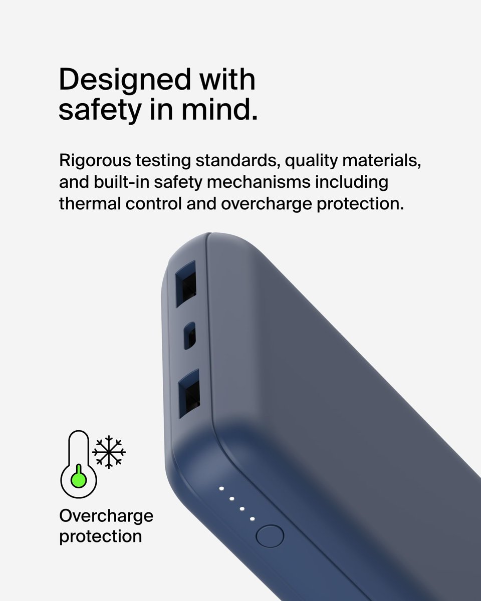 Belkin USB C Taşınabilir Şarj Cihazı 20000 mAh, USB Tip C Giriş Çıkış Bağlantı Noktalı 20K Güç Bankası için USB C - A Kablosu Dahil 2 USB A Bağlantı Noktası – Mavi