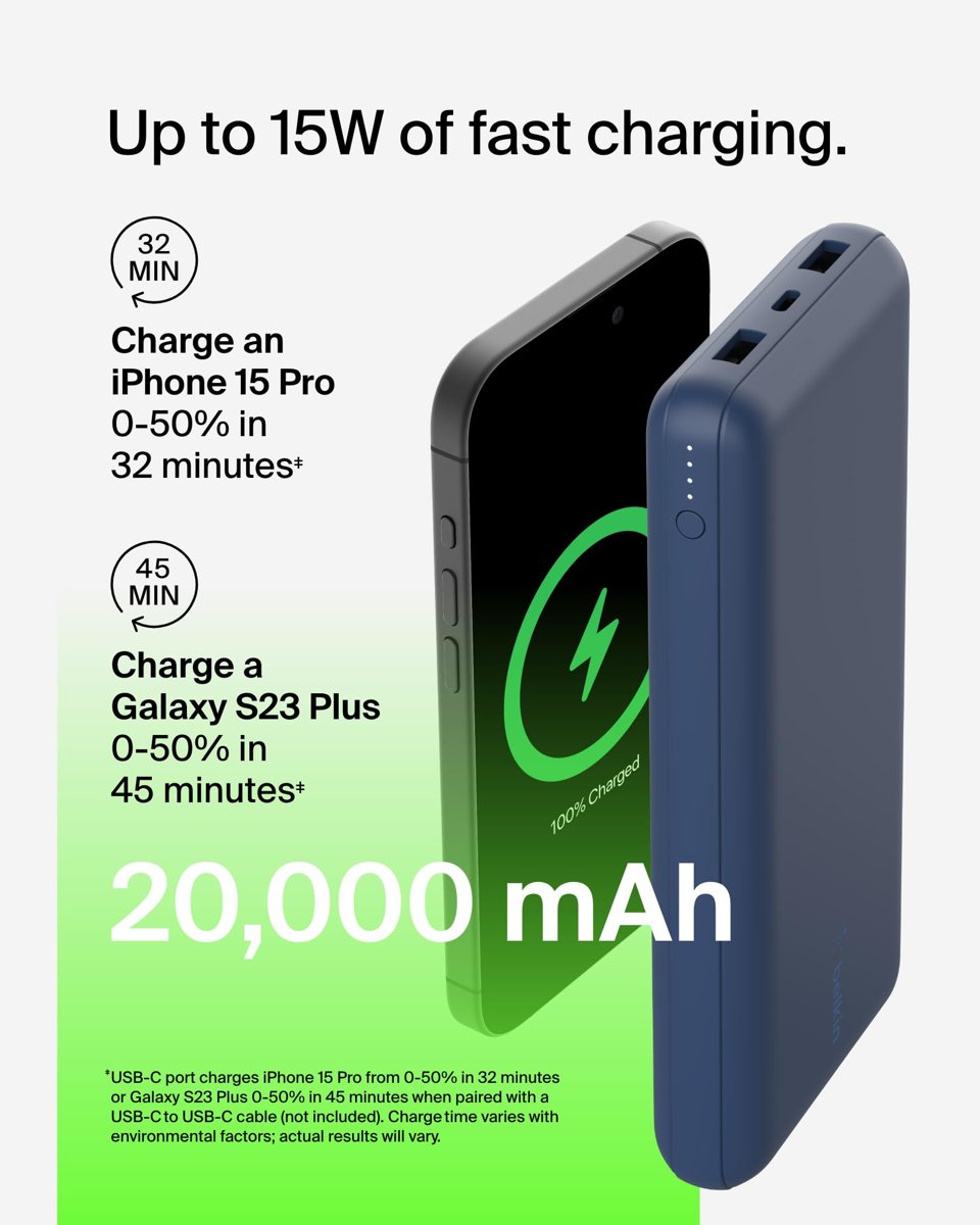 Belkin USB C Taşınabilir Şarj Cihazı 20000 mAh, USB Tip C Giriş Çıkış Bağlantı Noktalı 20K Güç Bankası için USB C - A Kablosu Dahil 2 USB A Bağlantı Noktası – Mavi
