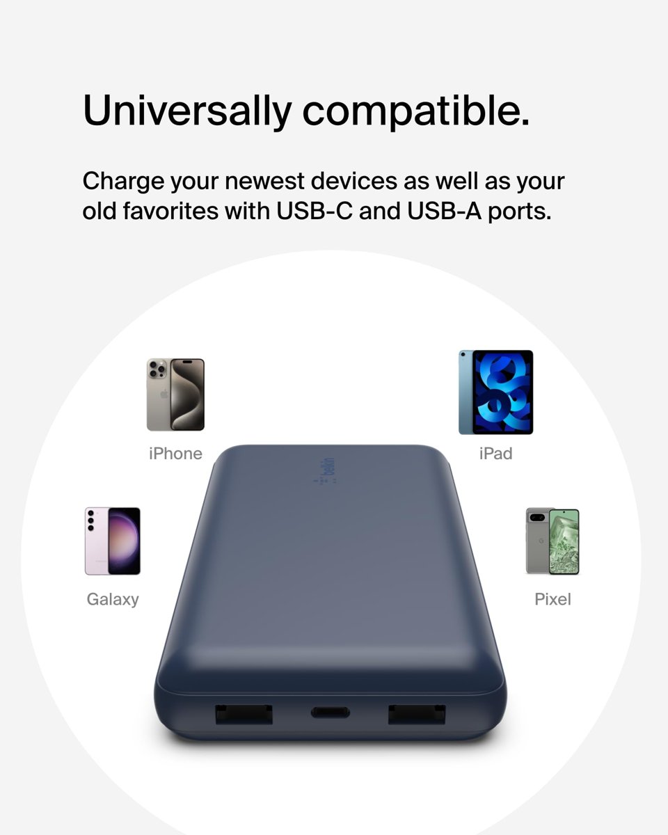 Belkin USB C Taşınabilir Şarj Cihazı 20000 mAh, USB Tip C Giriş Çıkış Bağlantı Noktalı 20K Güç Bankası için USB C - A Kablosu Dahil 2 USB A Bağlantı Noktası – Mavi